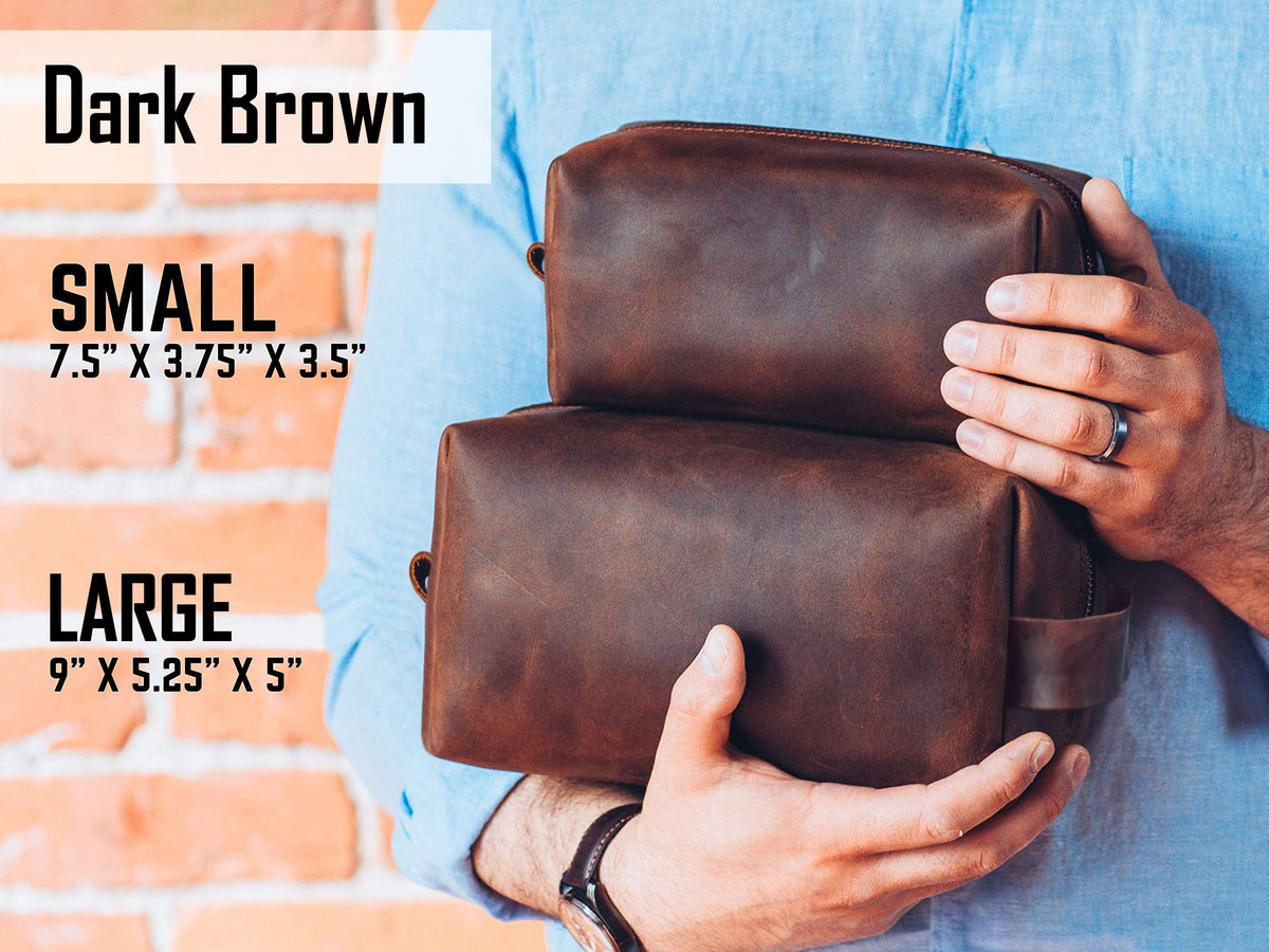 100% Genuine Leather Toiletry Bag Engraved Name or Initials – Crafted in USA – Personalized Travel Bag for Men – Customized Birthday, Anniversary, Father & Groomsmen Gift – Mens Waterproof Dopp Kit