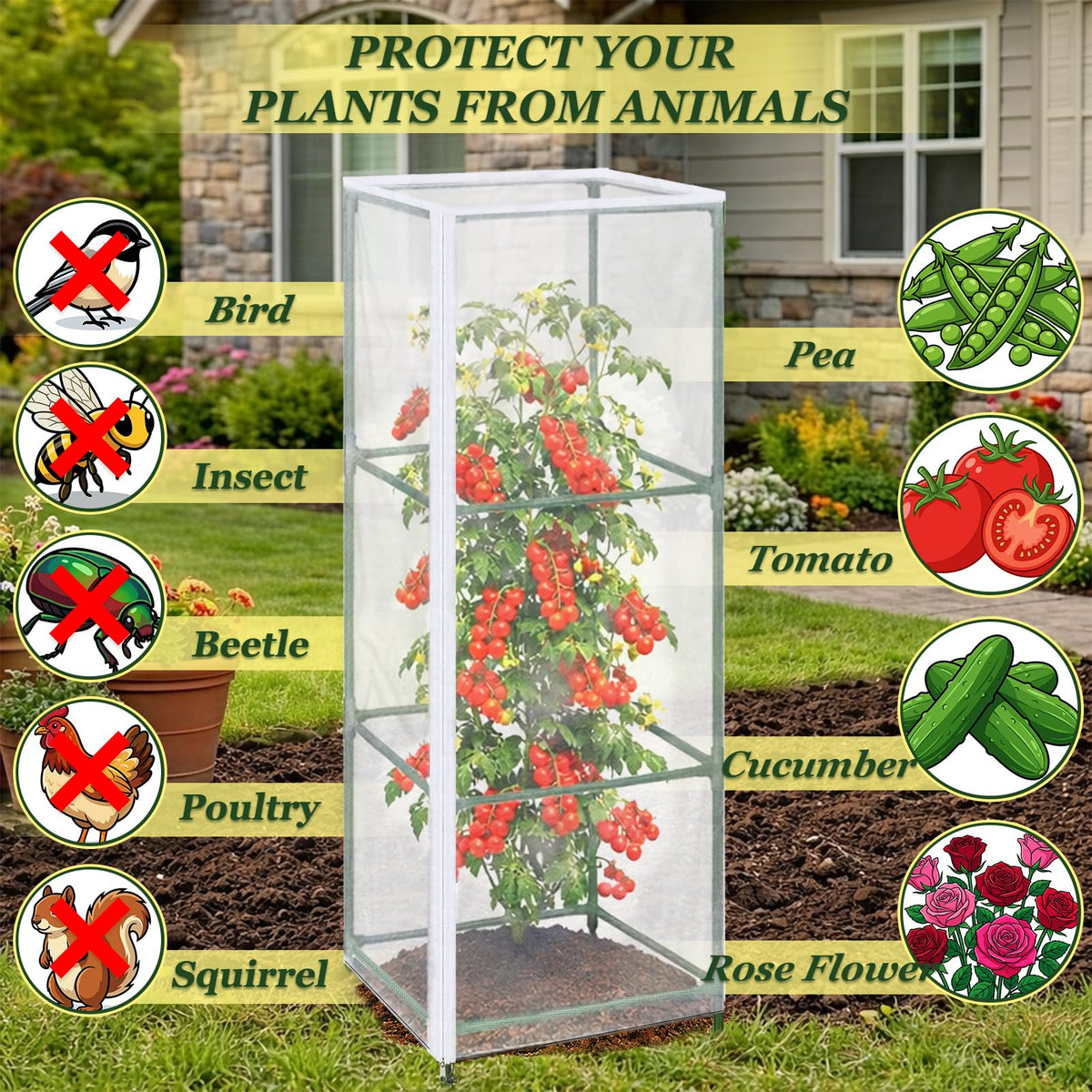 ComfyKit 3PCS Garden Bird Netting Plant Covers for Square Tomato Cage, 59" x 17.7" Reusable Tomato Cage Net with Zipper & Drawstring, Insect & Bird Barrier for Tomatoes, Fruits & Climbing Vines