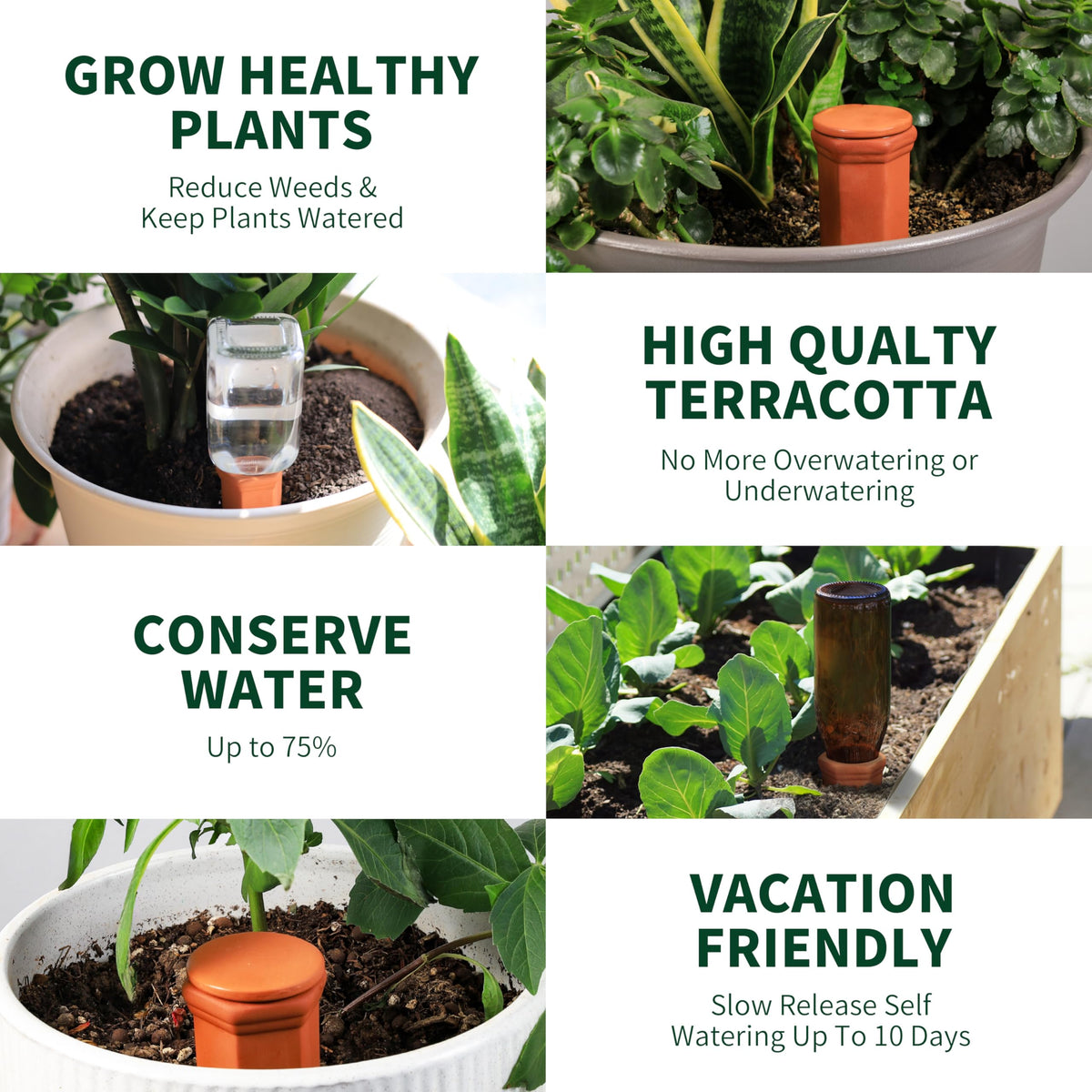 Soilagua Large Terracotta Watering Spikes with Lids, Automatic Plant Waterer Outdoor | Indoor, Vacation Friendly Clay Plant Watering Devices System, Slow Release Self Watering Planter Insert, 6 Pack