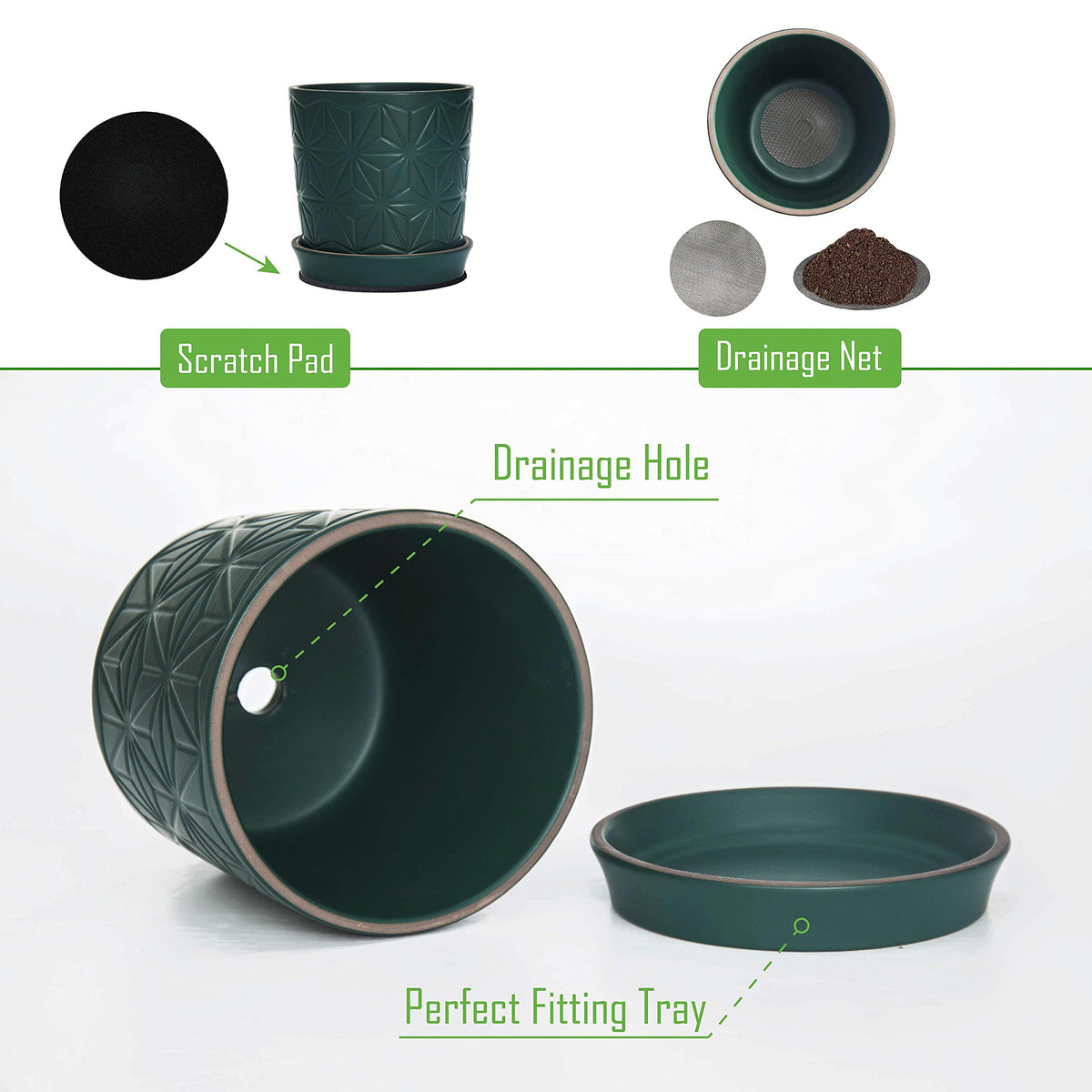 D'vine Dev Ceramic Flower Plants Pots Planter, 3.8 Inch 5.8 Inch Stoneware Planter Pot with Drainage Hole and Saucer, Set of 2, Dark Blue Green, 99-E-4