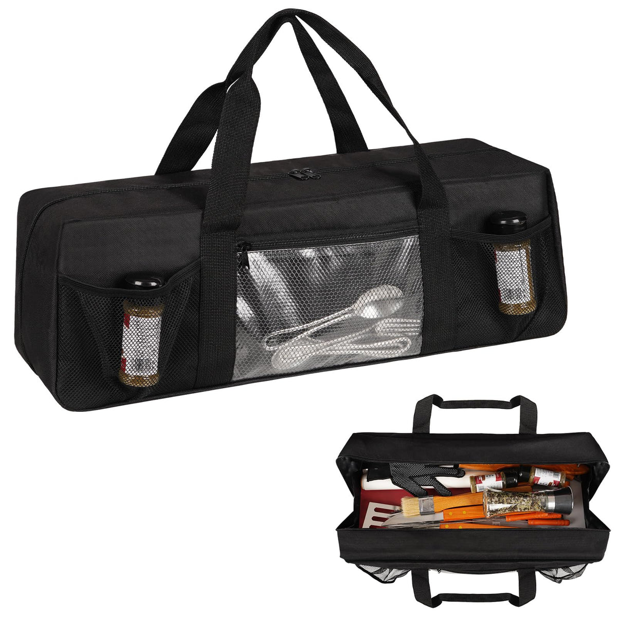 Frjjthchy Grill Tool Storage Bag, Large Grill Utensil Storage Caddy with Pockets, Portable Grill Accessory Storage Bag for Outdoor Camping & BBQ (Black)
