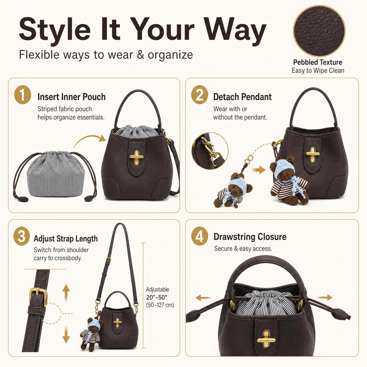COC.EFRENAR Women's Mini Top Handle Bag, Vegan Leather Crossbody Shoulder Purse with Cute Bear Charm & Scarf, Small Bucket Handbag with Adjustable Strap