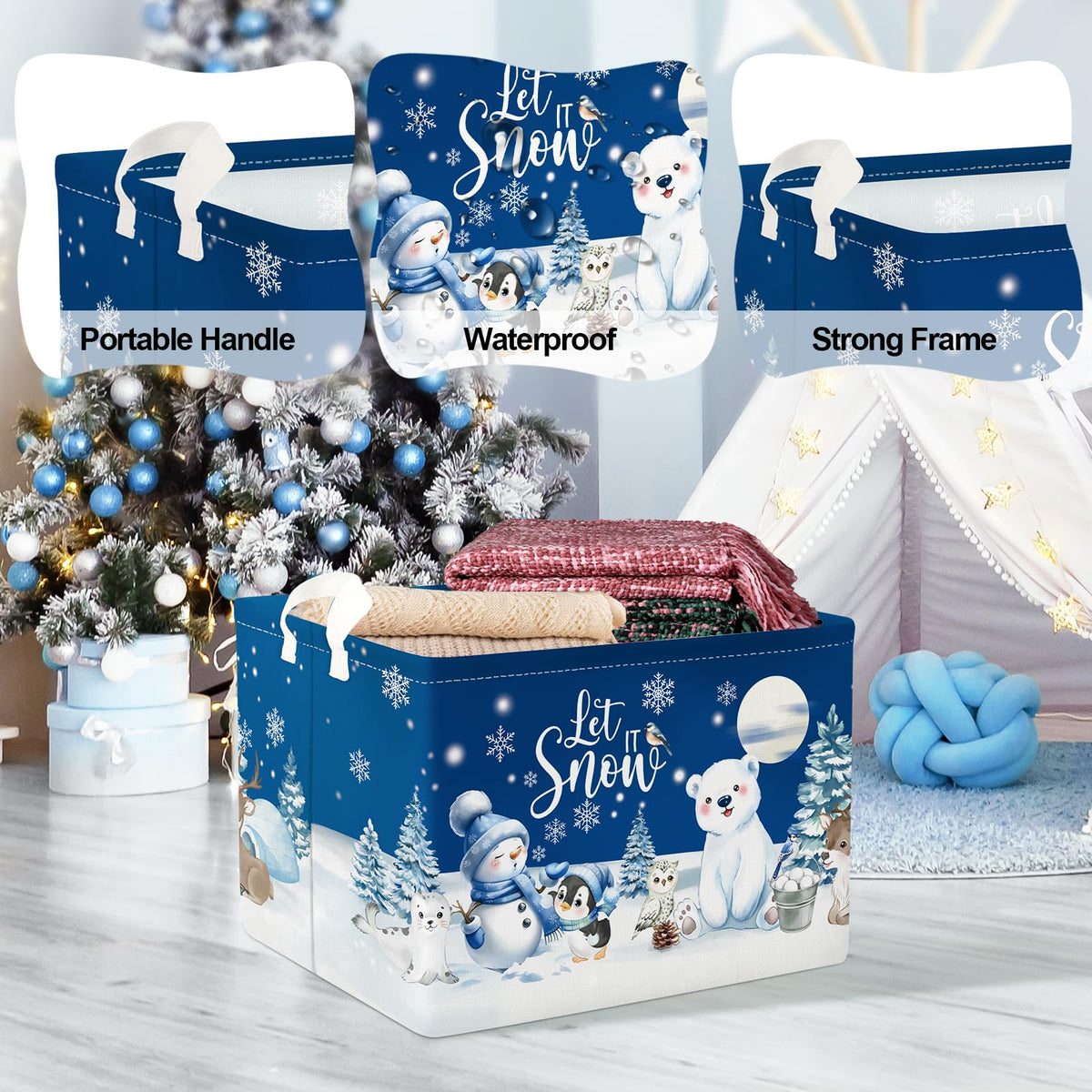 Clastyle Winter Animals Storage Basket Christmas Snowman Penguin Gift Basket Kid Polar Bear Deer Owl Seal Nursery Bin Large Clothes Toy Book Shelf Basket Cube