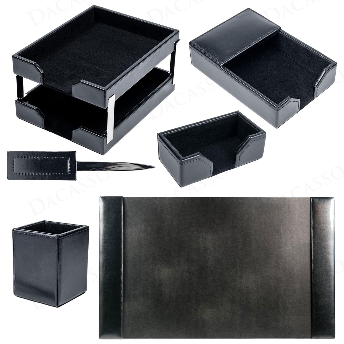 Dacasso Black Bonded Leather 8-Piece Desk Accessory Set - Organization Essentials & Executive Decor - Luxury Leather Blotter for Office Organization