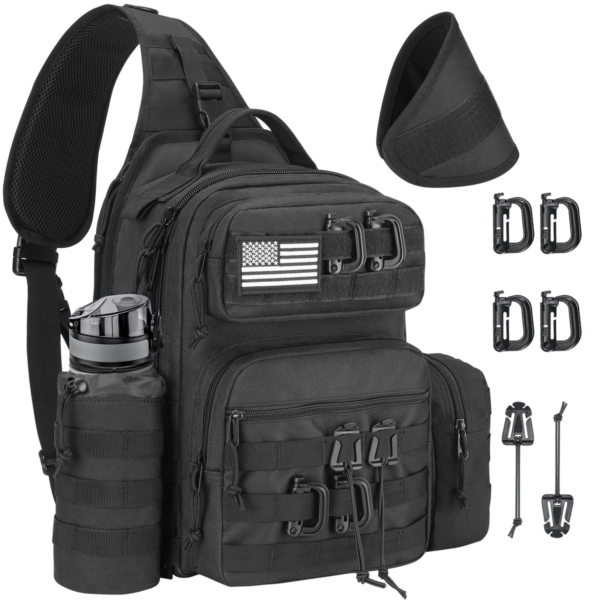 CVLIFE Tactical Sling Bag Backpack for Men Military Shoulder Sling Bag Molle Detachable Tactical Bag with Bottle Holder Hidden Pocket Daily Day Pack Work Bag for EDC Hiking, Black