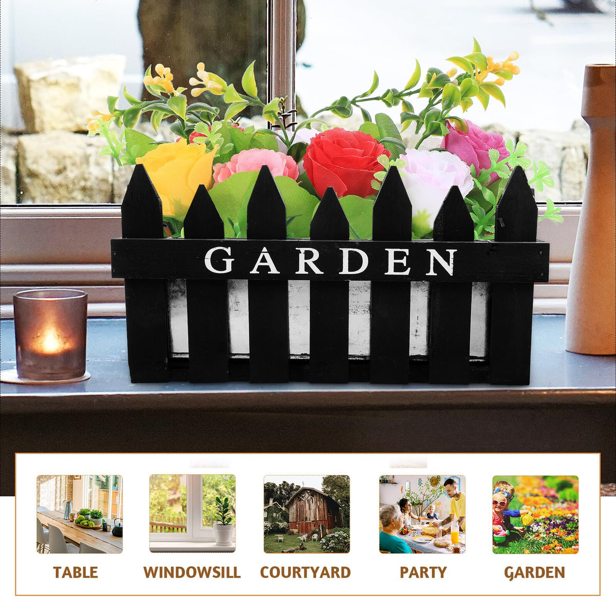 OSALADI Rectangular Wooden Planting Box Decorative Fence Flower Pot Planter for Indoor Outdoor Garden Home Décor Black Wood Material