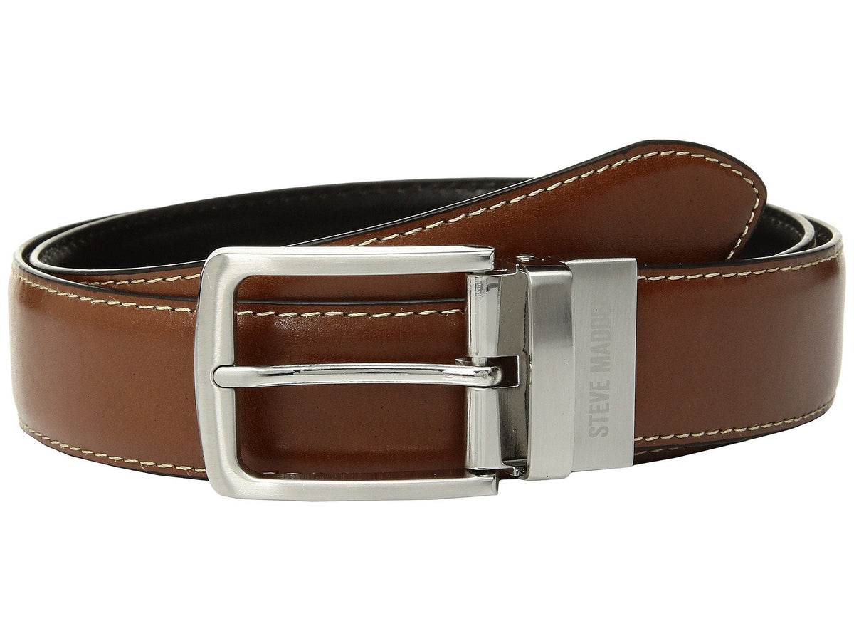 Steve Madden Reversible Men's Dress Casual Every Day Leather Belt, Cognac/Black (Feather Edge), 36