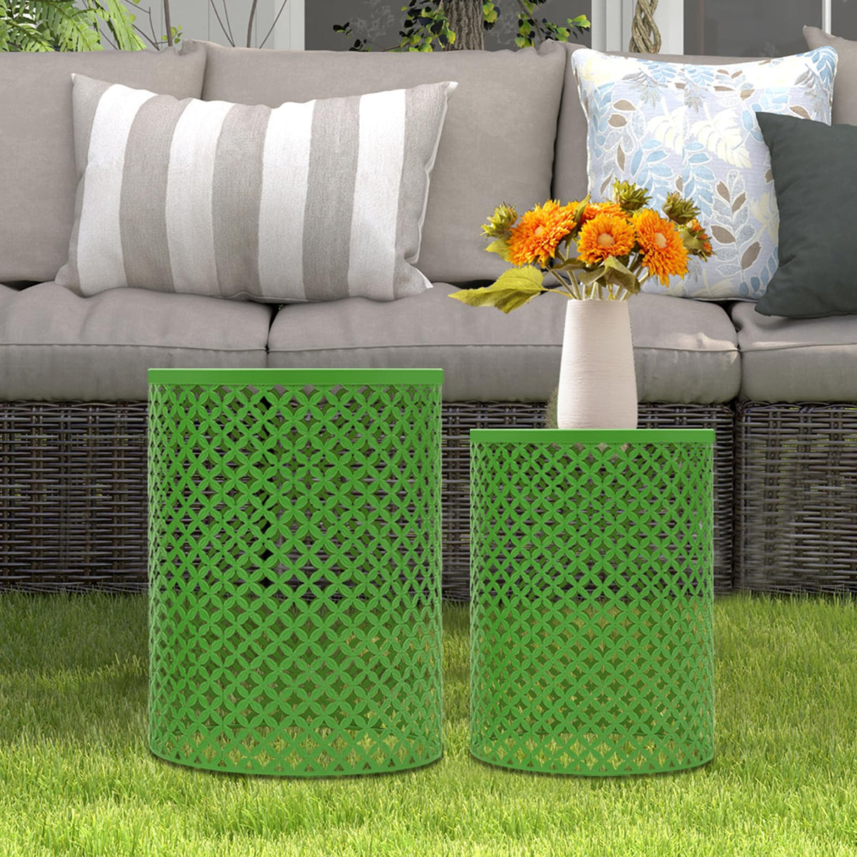 CAIHAOA Set of 2 Outdoor Side Table, Heavy Duty Metal Frame Accent Table, Decorative Garden Stool, Wood Circle Embossed Design, Plant Stand Living Room Garden Stool, Indoor Outdoor Using, Green