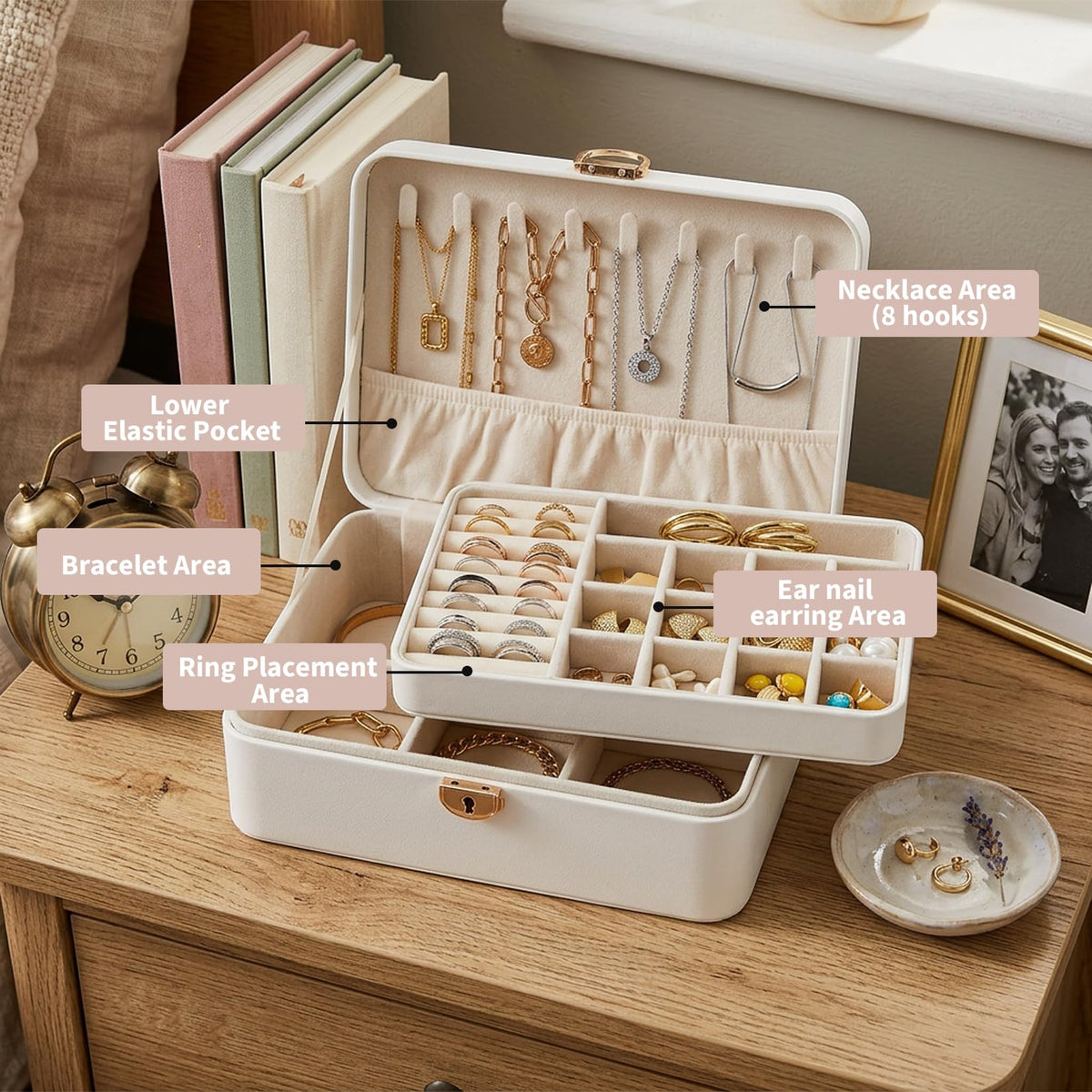 GarveeHome 1PC 2-Layer Jewelry Box Organizer, PU Leather Lockable Jewelry Storage Case for Women Girls, White/Champagne, Portable Display Box for Rings, Necklaces, Earrings