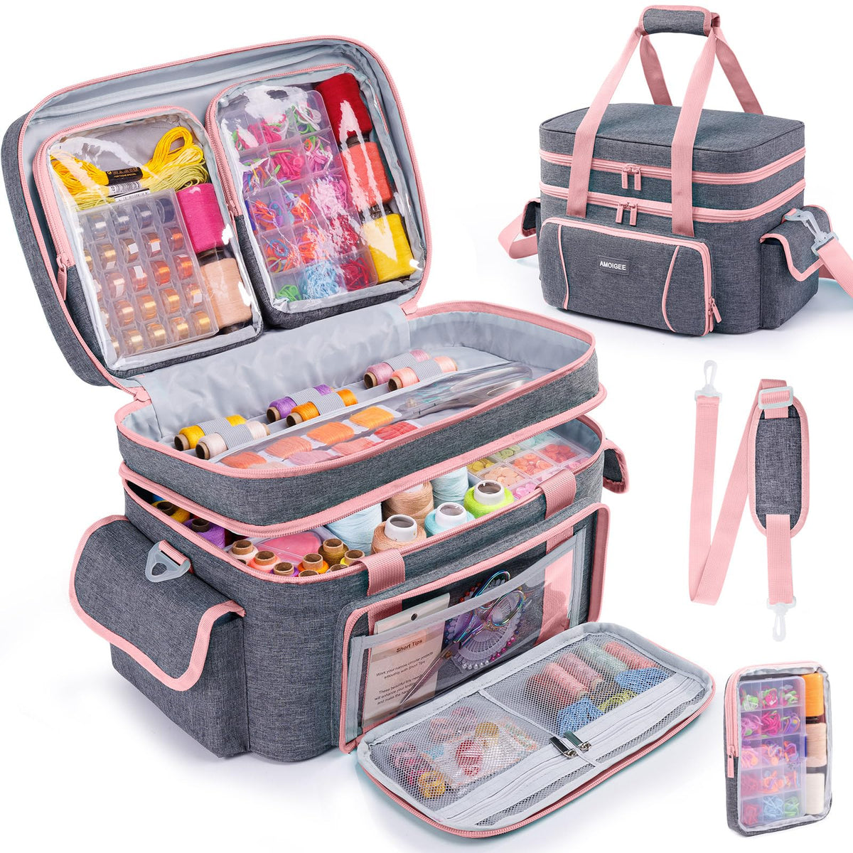 AMOIGEE Double-Layer Sewing Storage Bag with 2 Detachable Pouches – Large Sewing Organizer with Shoulder Strap, Elastic Loops & Dividers for Sewing Supplies, Tools & Accessories