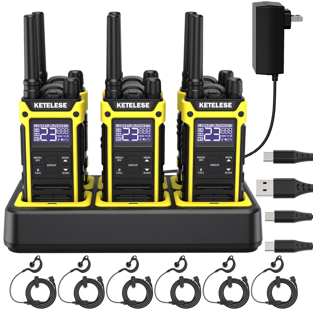 KETELESE T3F Walkie Talkies 6 Pack for Adults, IP67 Waterproof 2 Way Radios Rechargable, with Earpiece and Mic, Shock Resistant, Dual PTT, One Key Group Call, VOX, NOAA&Wheather Alert, Black/Yellow