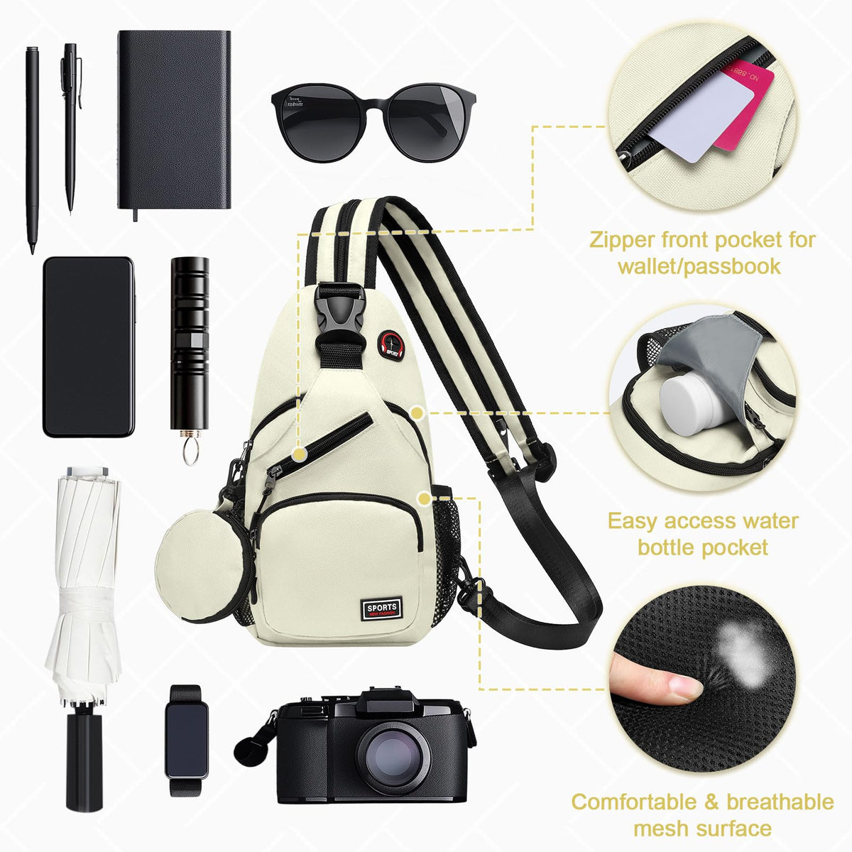 SUIKIHUM Convertible Sling Bag with Coin Pocket, 7.9" Tablet Crossbody Mini Backpack with Headphone Jack Casual Pack for Women Men Travel, White