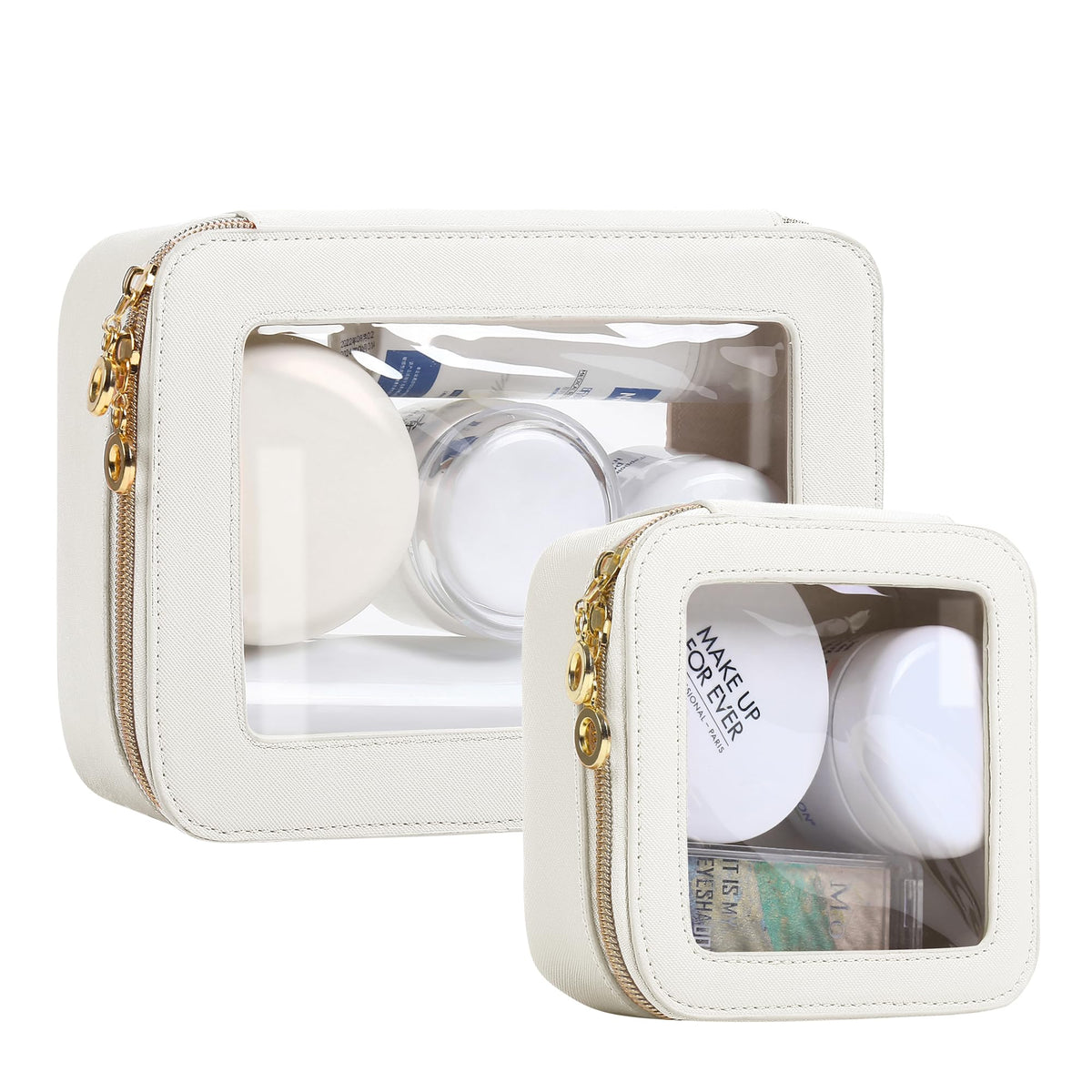 JRQCSJY Leather Clear Makeup Bags Set - Travel Clear Cosmetic Bag Case with Zipper, Transparent TSA Approved Toiletry Bags for Travel Essentials Car Accessories for Women (White, S+M)