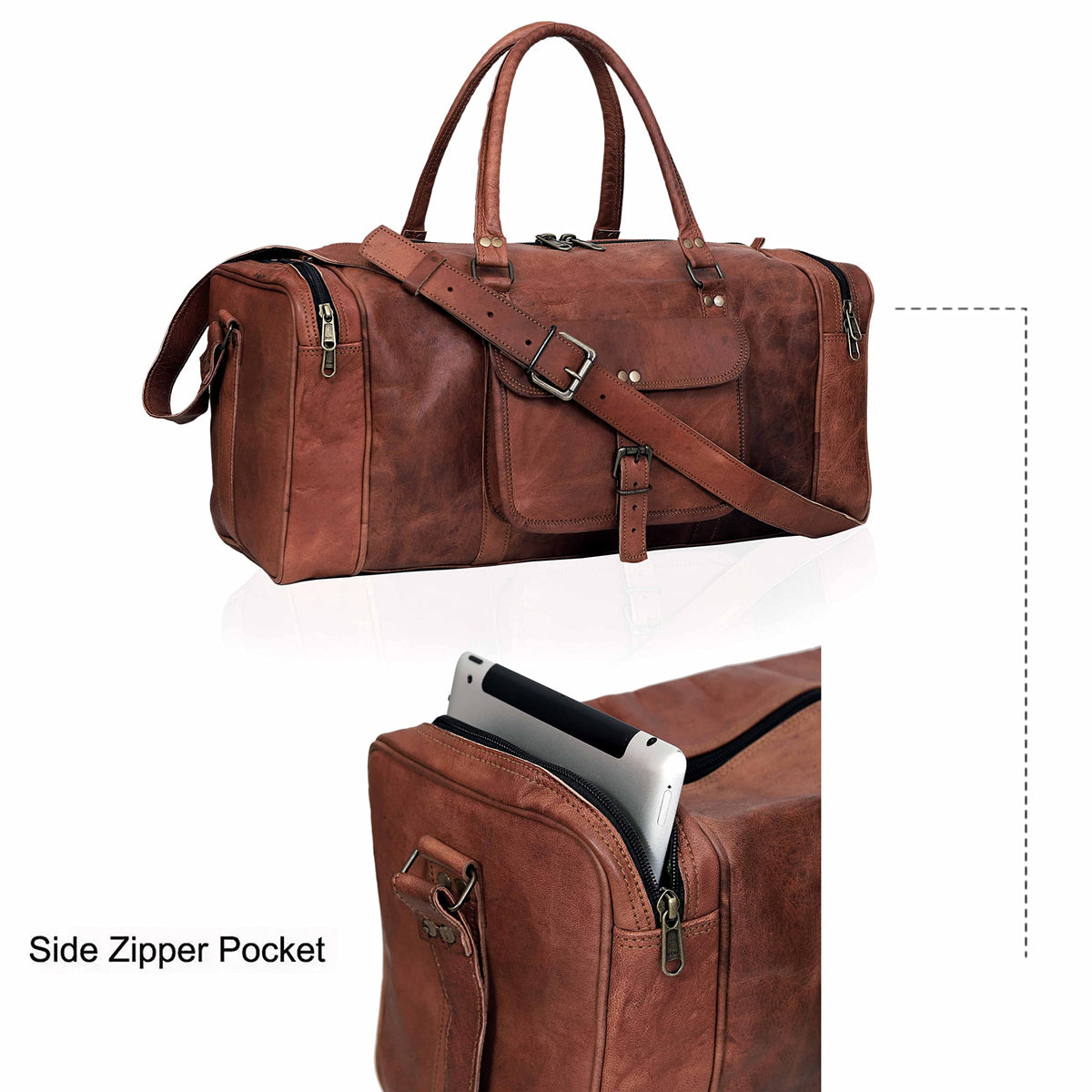 24 Inch Large Leather Duffel Travel Duffle Gym Sports Overnight Weekender Bag (brown)