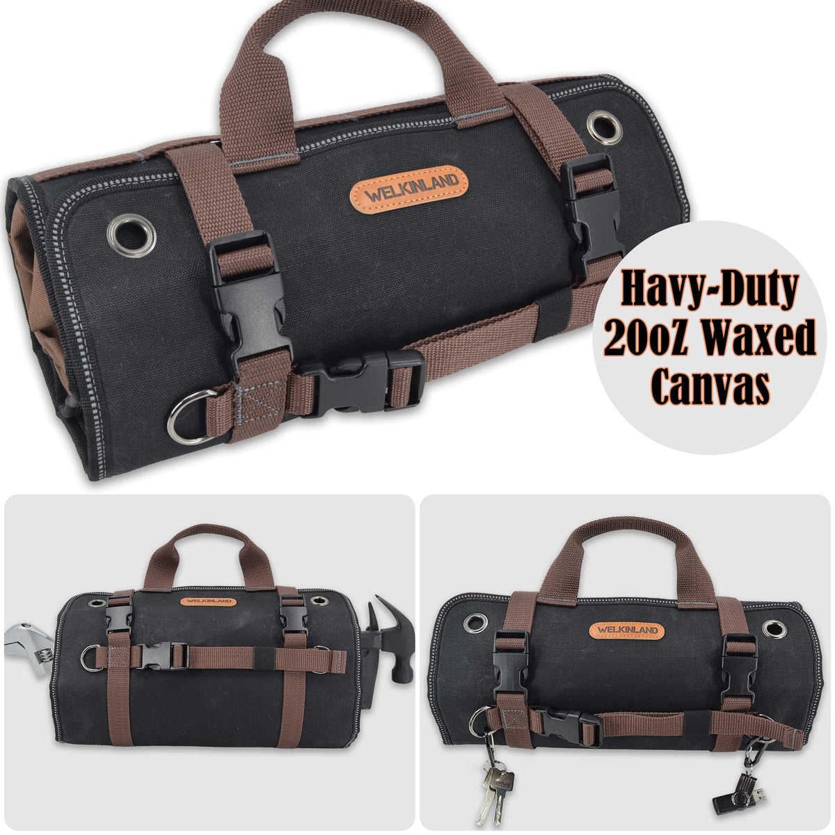 WELKINLAND Heavy-Duty Waxed Canvas Tool roll, 15-Pockets Tool Wrap Roll, 15L Tool Up Roll Bags, Tool Bag Roll, Tool roll organizer, Roll up tool bag organizer