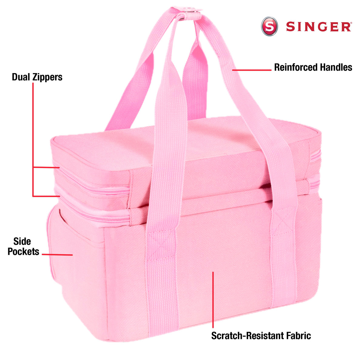 SINGER Sewing Accessories Organizer (Bag Only) – Double Layer Portable Sewing Storage Bag | 2 Detachable Pouches and 18 Compartments, Large Sewing Supplies & Crafting Carry-all (Pink)