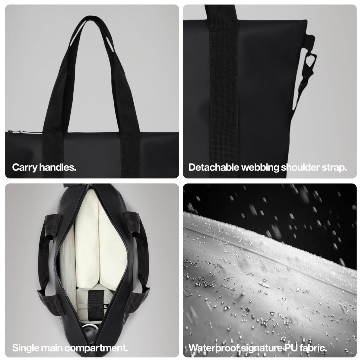 RAINS Tote Bag - Black Waterproof With Zip Closure, Detachable Shoulder Strap, Internal Zip Pocket, 23 L Capacity for Work for Women and for Men - 2-Year Warranty