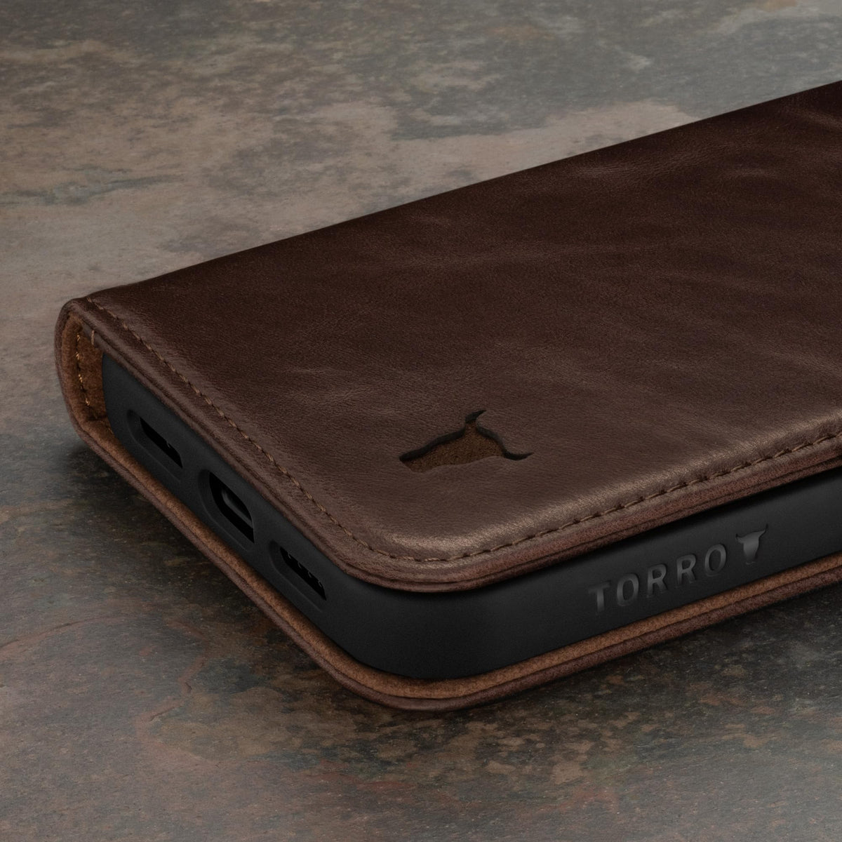 TORRO Premium Leather Case Compatible with iPhone 15 6.1" – Genuine Leather Wallet Flip Folio Case with Kickstand and Card Slots - Dark Brown