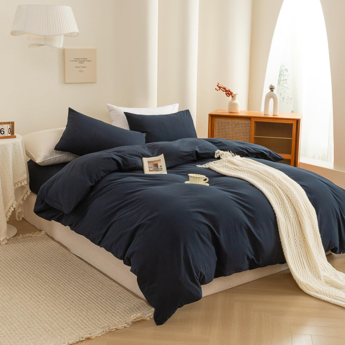 ECOCOTT Navy Blue Duvet Cover Queen Size, 100% Washed Cotton 3 Piece Bedding Set 1 Duvet Cover with Zipper and 2 Pillowcases, Ultra Soft and Easy Care Breathable Duvet Cover(Navy Blue, Queen)