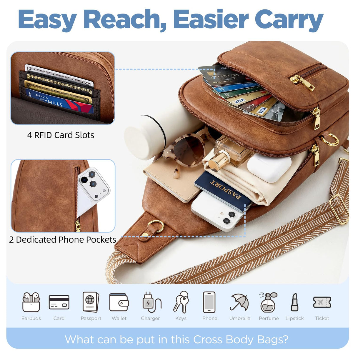Fiiuos Anti Theft Crossbody Bags for Women RFID Sling Bag, Vegan Leather Cross Body Travel Purse for Work & Daily Use, Hands-Free Casual Daypack for Women Men Mocha Brown