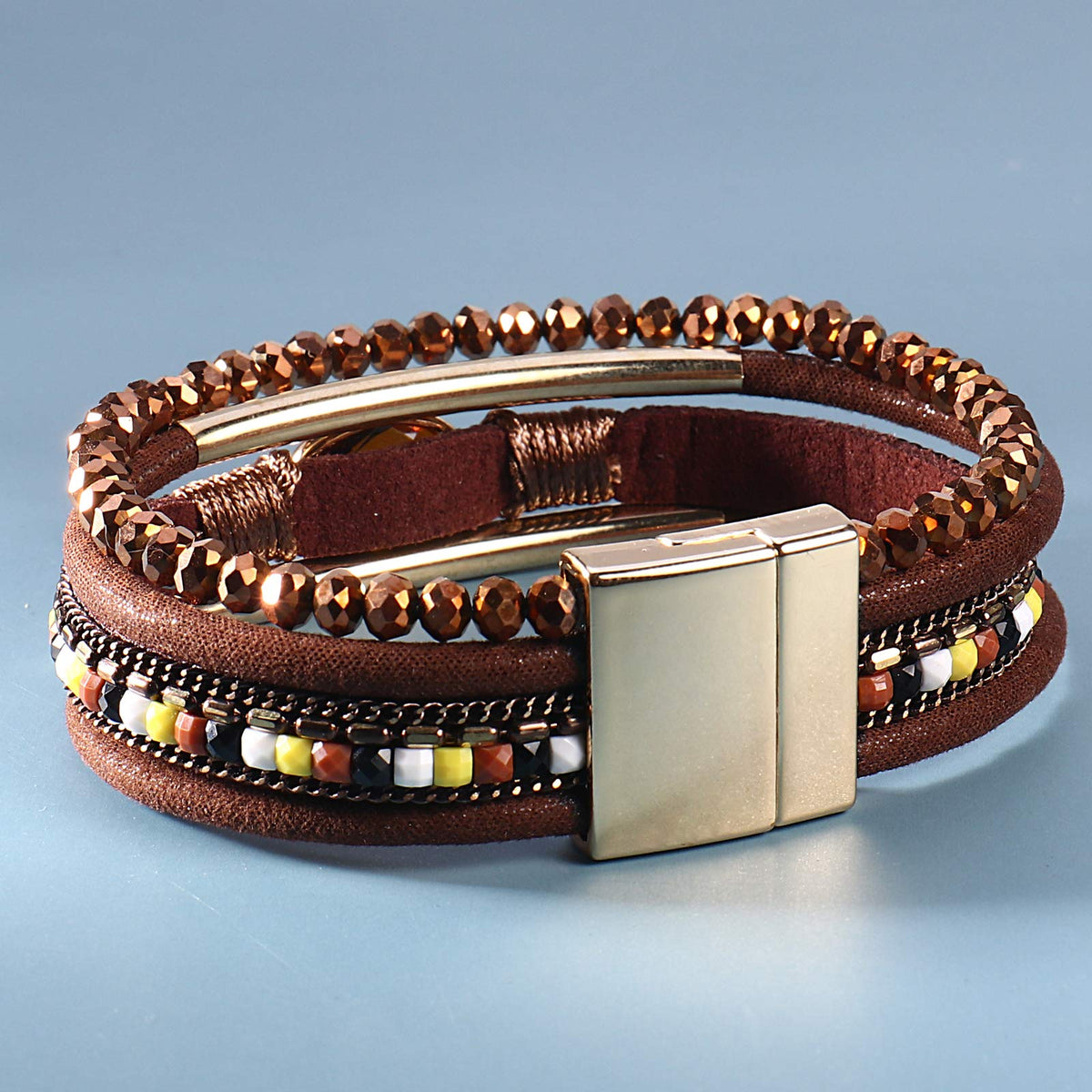 FANCY SHINY Leather Wrap Bracelets Crystal Beads Bracelet Boho Cuff Stone Charm Bracelets with Clasp Costume Jewelry for Women(Brown)