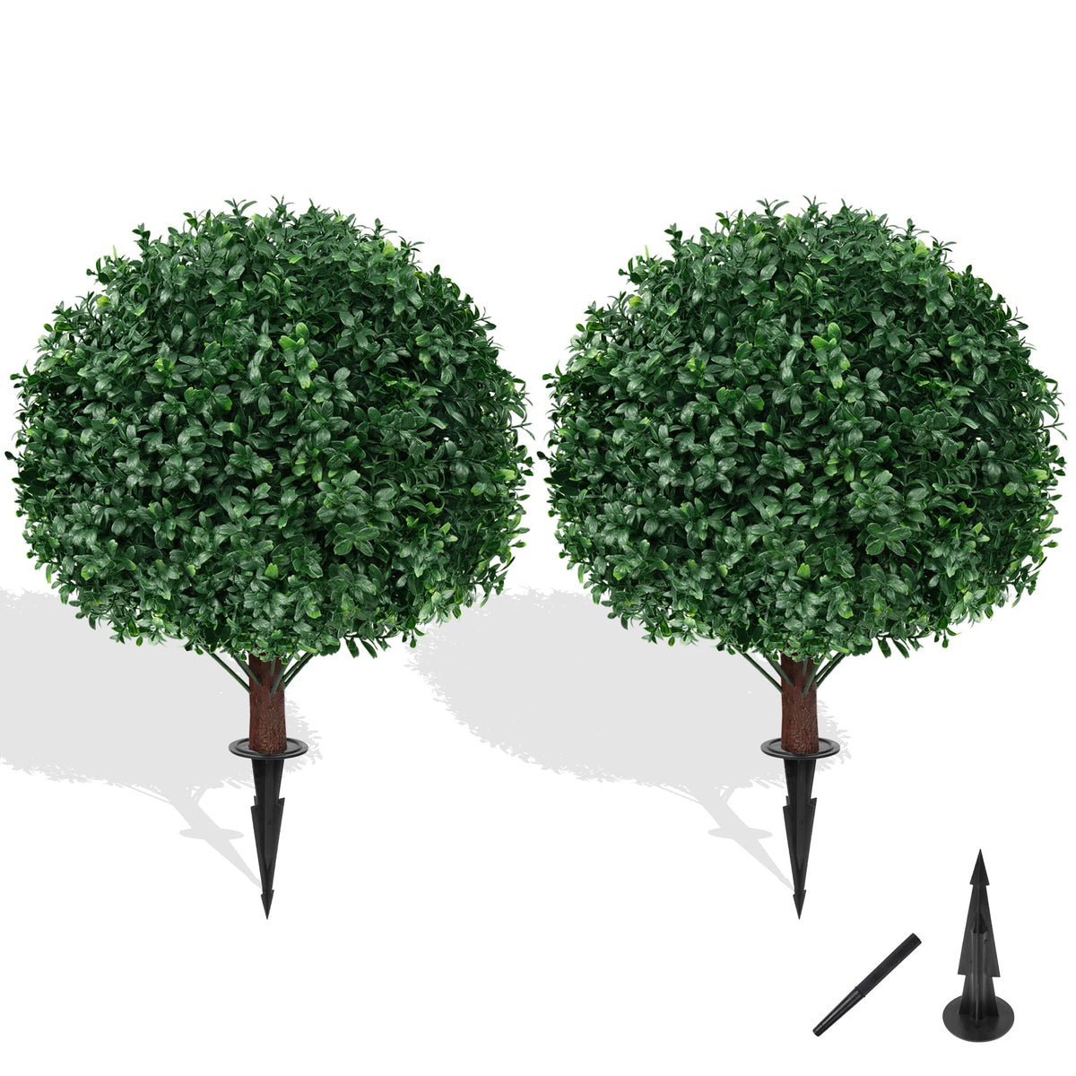 Grooy Artificial Boxwood Topiary Ball Tree with Ground Spike, Set of 2 Artificial Shrub Bushes, Fake Evergreen Tree for Porch, Artificial Plants for Outdoor Planters Indoor UV Resistant