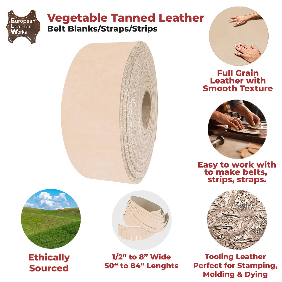 ELW Leather Strap, 11-12 Oz, 1.5 inch Wide x 50", Cowhide Veg Tan Leather Belt Blank, Leather Strips, Tooling Leather, Tan Straps for Crafts, Belt Making & Crafting Blank Hide