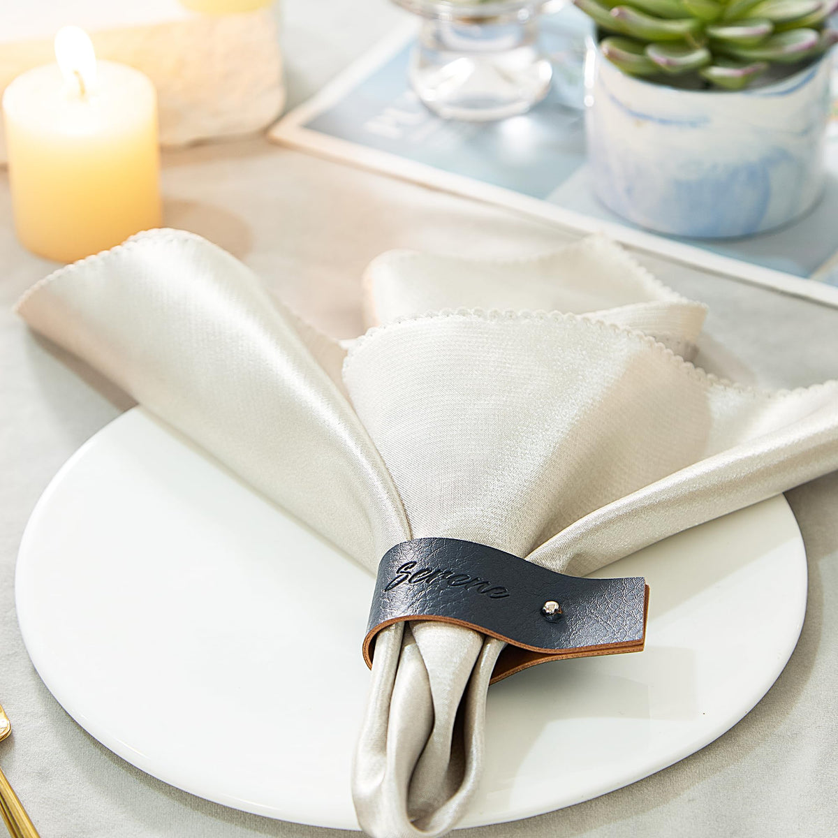Navy Blue Napkin Rings Set of 6 – Elegant Leather Napkin Ring Holders, Double-Sided Waterproof, Durable Table Decor for Easter, Weddings & Dinner Parties, Stylish Table Setting Accessories
