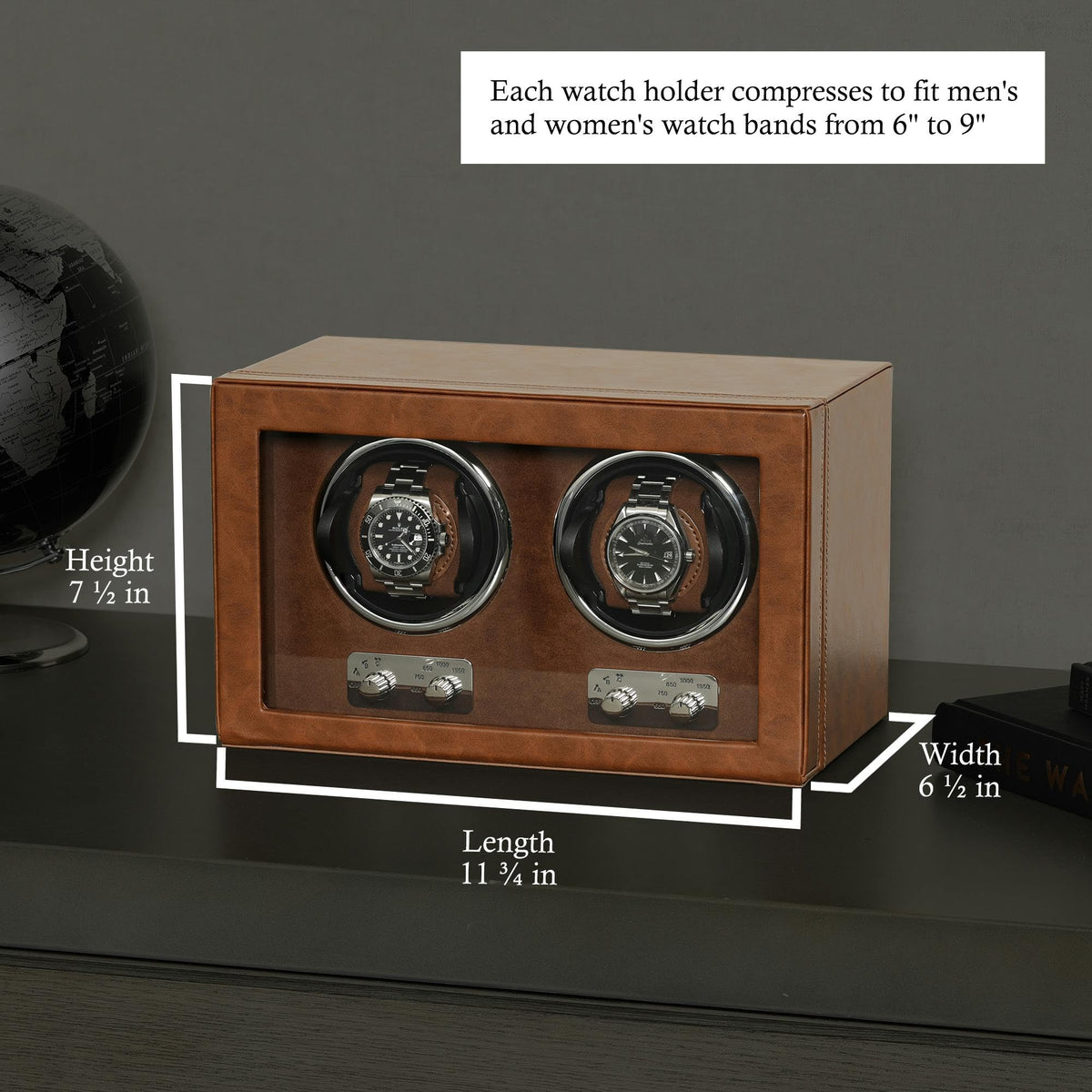 ROTHWELL Double Watch Winder for Automatic Watches with Quiet Motor with Multiple Speeds and Rotation Settings (Tan / Brown)