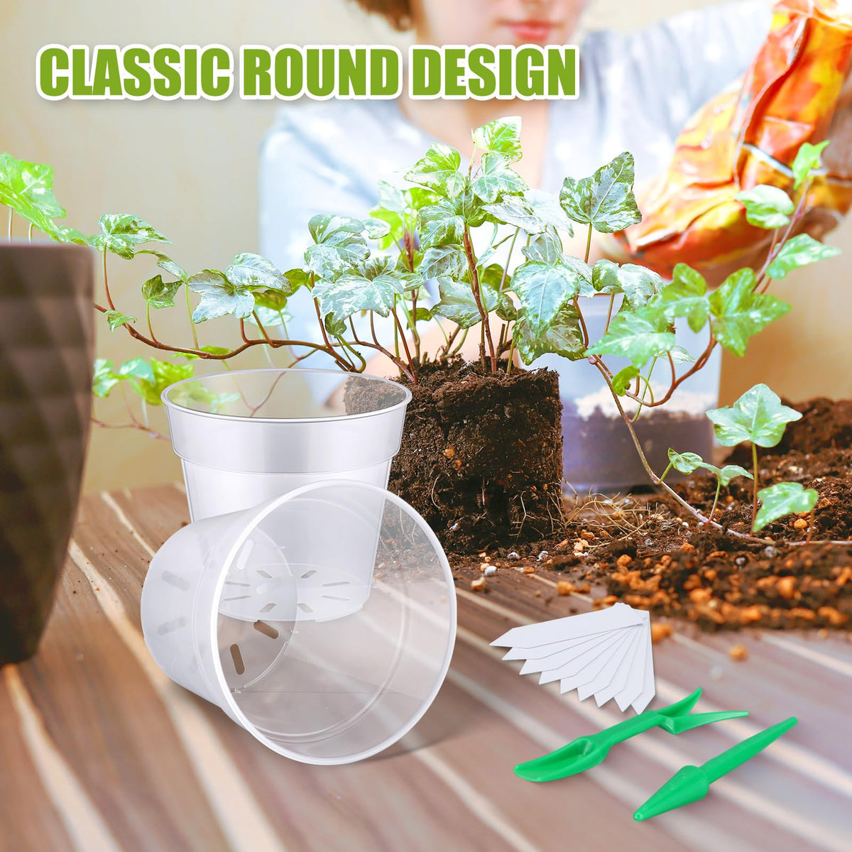 Domensi 14 Pack Large Clear Nursery Pots with Drainage 4/5/6/7/8/9/10 Inch Clear Plastic Plant Pots with Saucers Variety Flower Pot with 20 Plant Labels 2 Garden Tools for Planting Seed