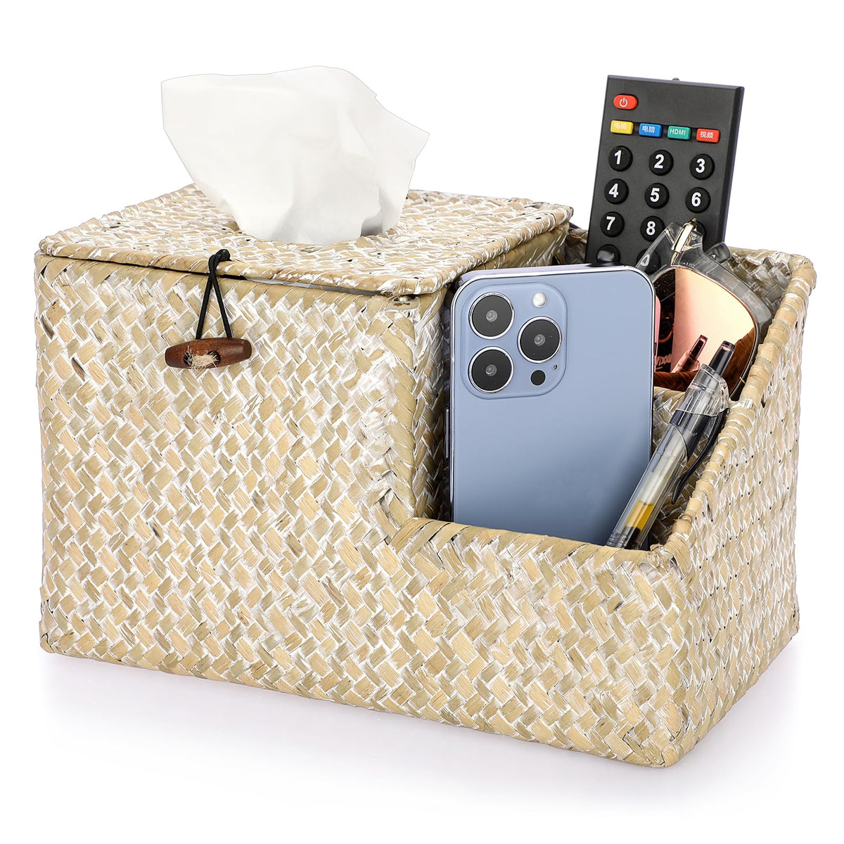 Sumnacon Tissue Box Cover-Square Woven Tissue Box Organizer for Desk Rustic Seagrass Tissue Box Holder with Side Organizer Decorative Cube Tissue Cover for Bathroom Home Office Table Counter Whitewash