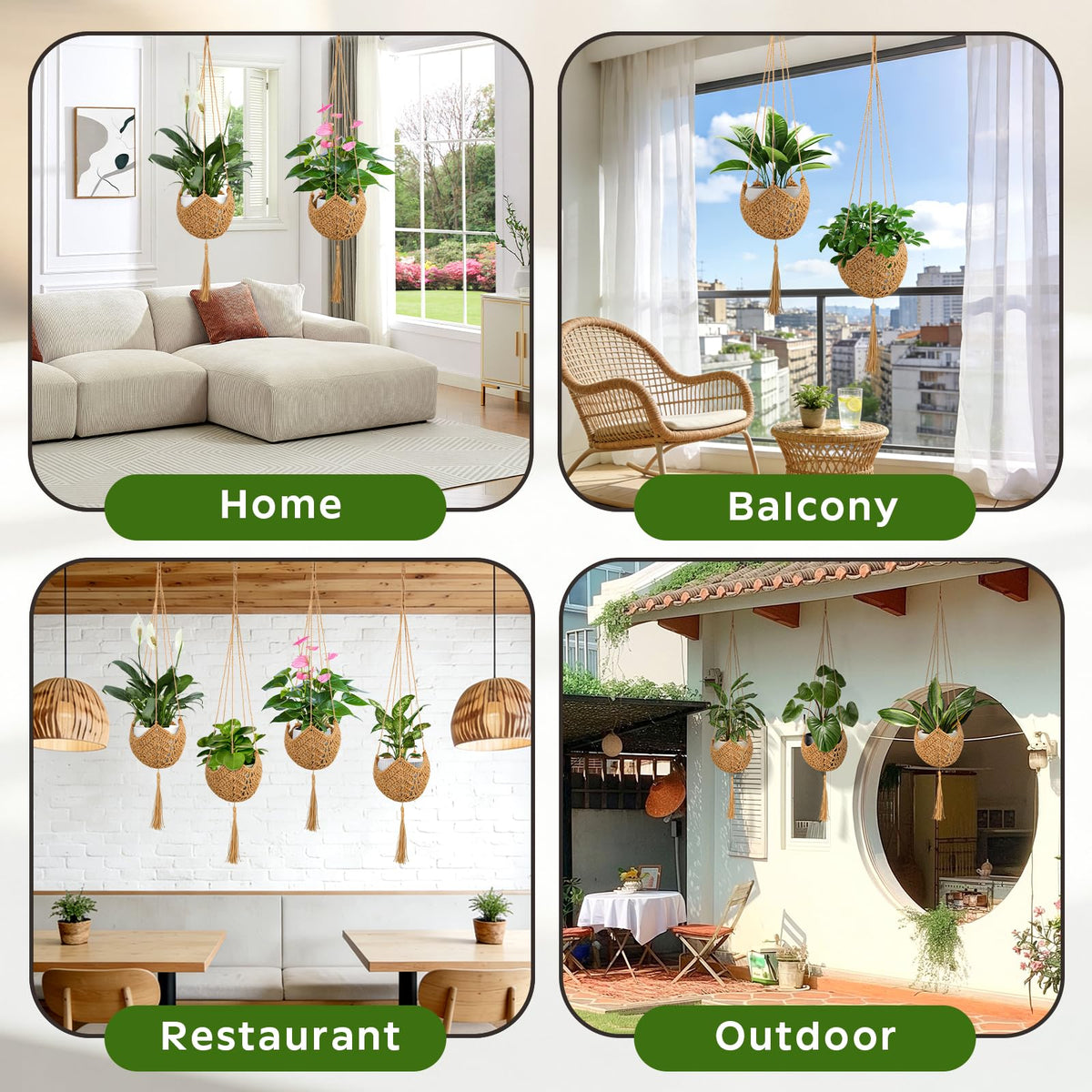 VZZNN 6 Pack Hand-Woven Macrame Plant Hanger - Hanging Plant Holder with 12 Hooks for Indoor Green Plant Hanging and Bohemian Style Home Decor (Brown)