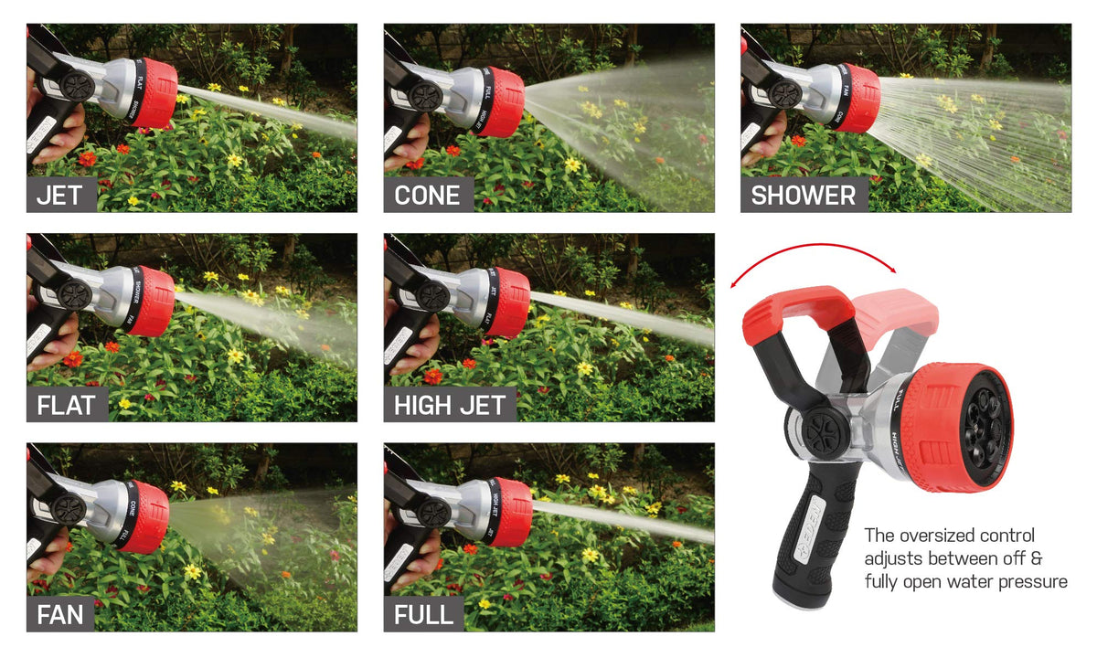 Eden 96806 Heavy-Duty Metal Fireman Hose Nozzle | 7 Spray Patterns, High-Pressure Garden Sprayer with Quick Connect Set & Bonus Washers