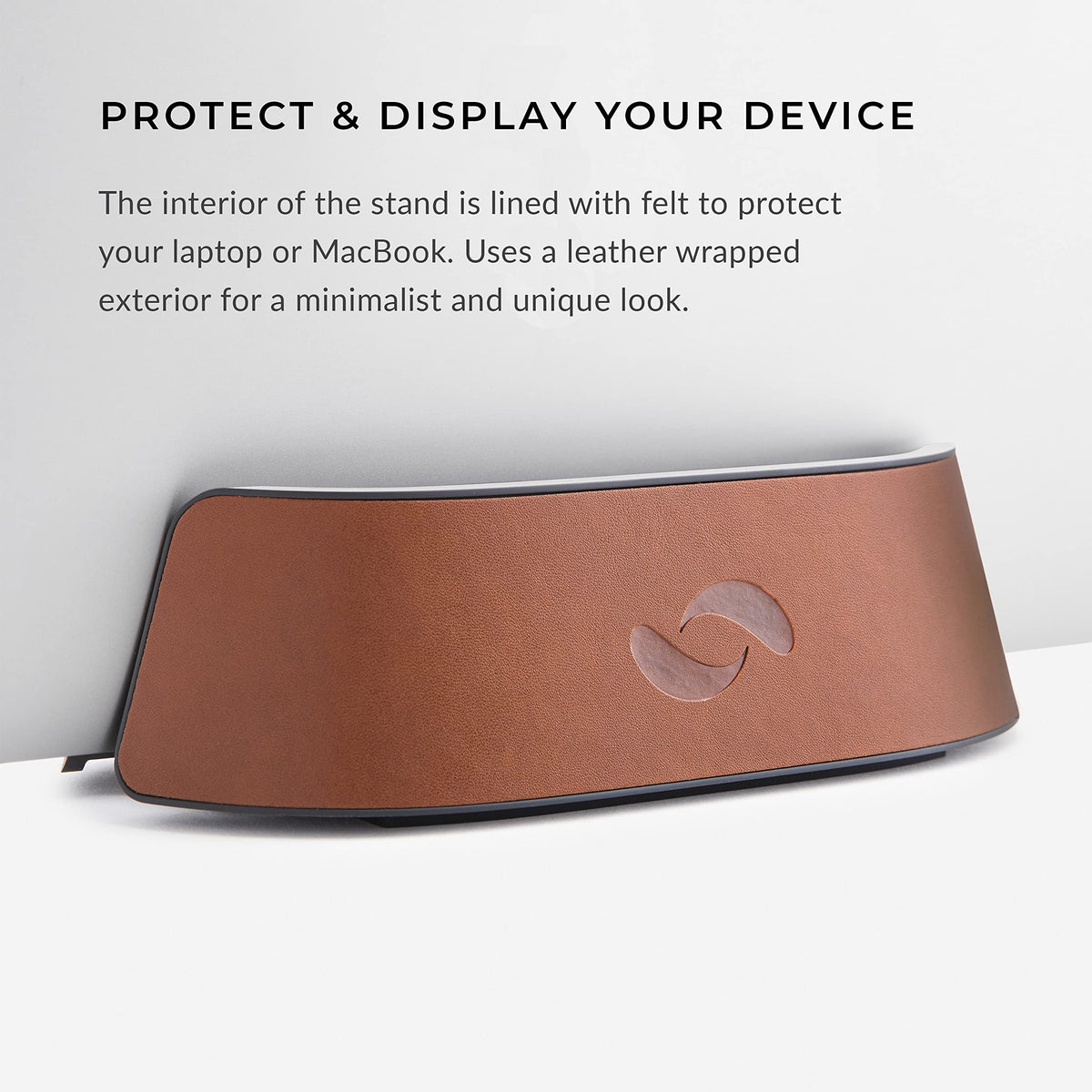 HumanCentric Vertical Laptop Stand in Vegan Cognac Leather, Upright Adjustable Holder and Dock, Laptop Vertical Stand Fits MacBook Pro and Other Laptops .5" to 1.5", Clamshell Compatible