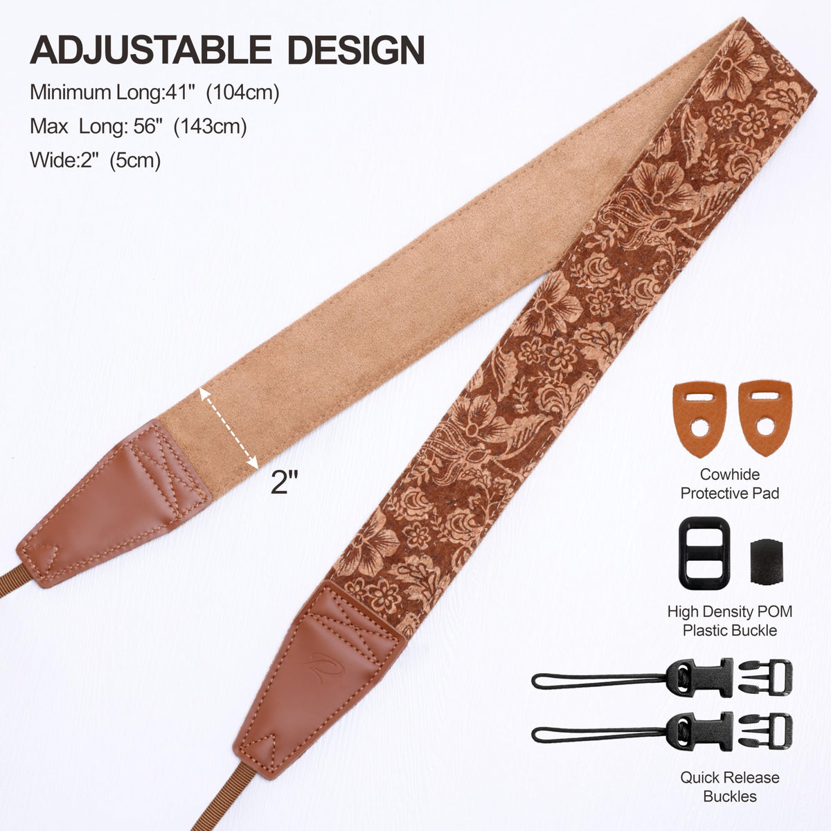 Padwa Lifestyle Cork Camera Strap - 2" Top Layer Cowhide Head Camera Straps for Photographers,Natural Log Crackle Art Print Style,Soft Chamois Velvet Padded Strap Quick Release fits All Cameras