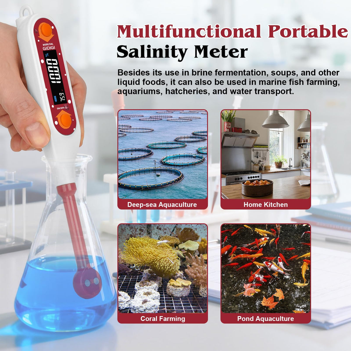 GIDIGI Salinity Meter Food Digital Salt Tester Portable Salinometer Reader Measure Salt in Fermenting Hot Soup Cooking Water Salty Food Liquid EC TDS Meter Hydrometer for Lab Water Test Aquaculture
