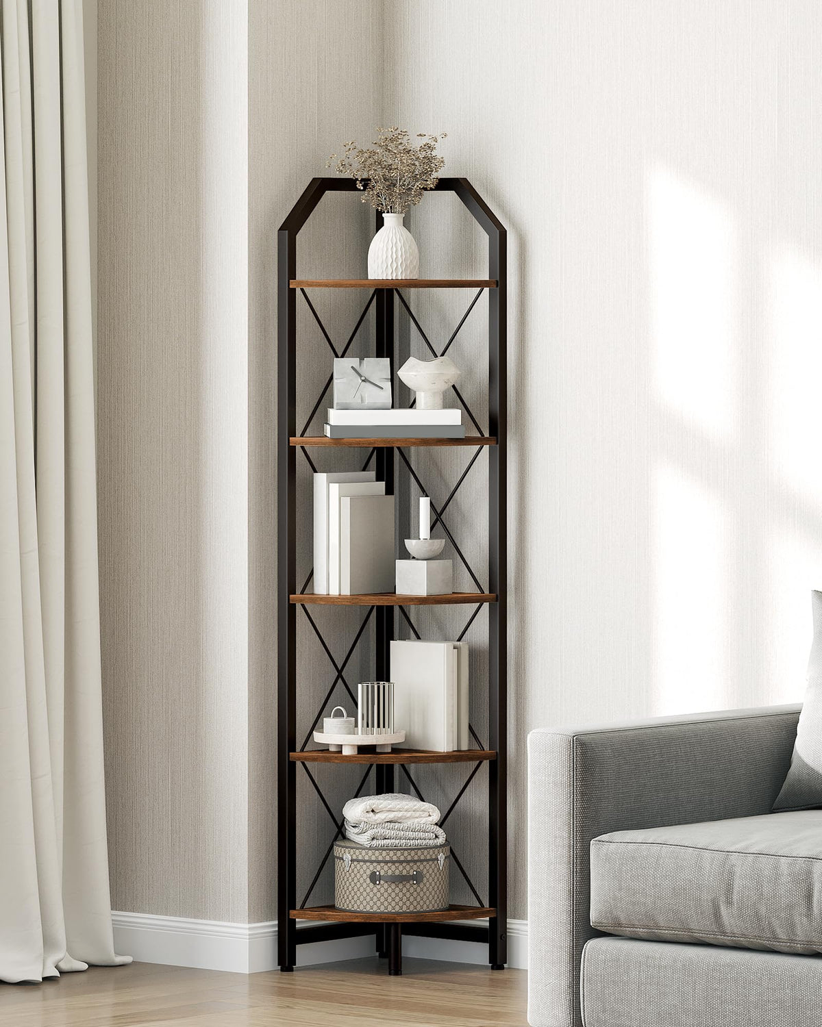 CHOEZON 59.4" Corner Shelf, 5-Tier Industrial Corner Bookshelf, Corner Storage Stand, Plant Stand Display Shelf, Bookcase for Bedroom, Living Room, Home Office, Rustic Brown and Black TCJ10BF