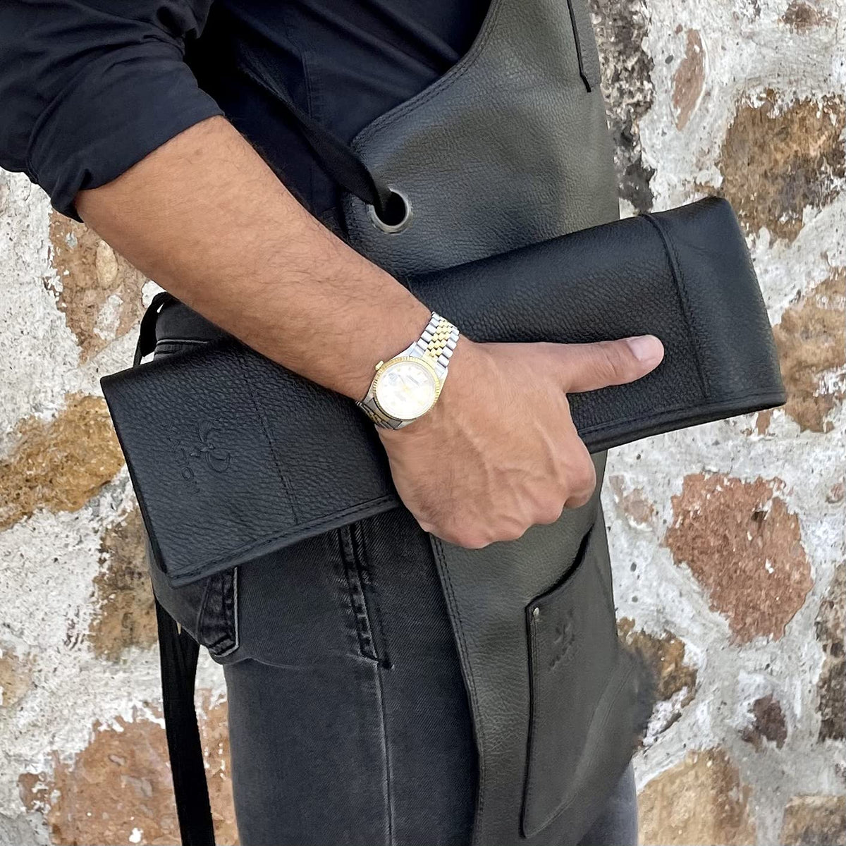 MARION - LA PETITE - Genuine Calf Top Grain Black Leather - Handcrafted Professional Chef's Knife Storage Roll Bag - 5 Pockets