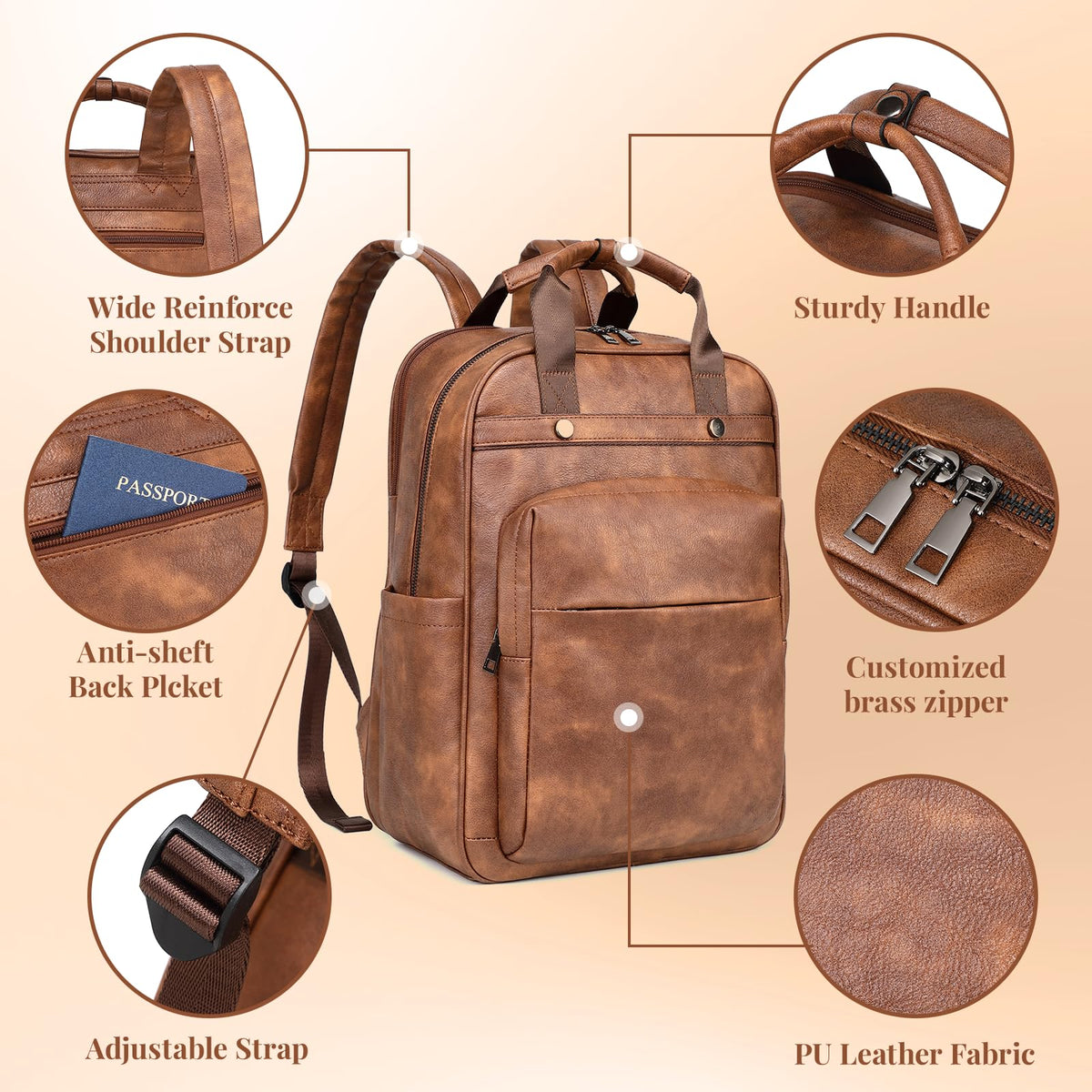 Rcrirth PU Leather Laptop Backpack Women for Travel | 17 Inch Laptop Bag for Women - Large Capacity Teacher Nurse Computer Bag for Work College School (Brown)