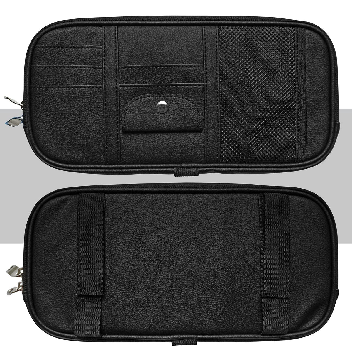Qitdathn Car Sun Visor Organier Truck SUV Sun Visor Storage Pocket Pouch Holder, Multi-Pocket PU Leather with Zipper Net, for Cards Pens Sunglasses Document (Black)