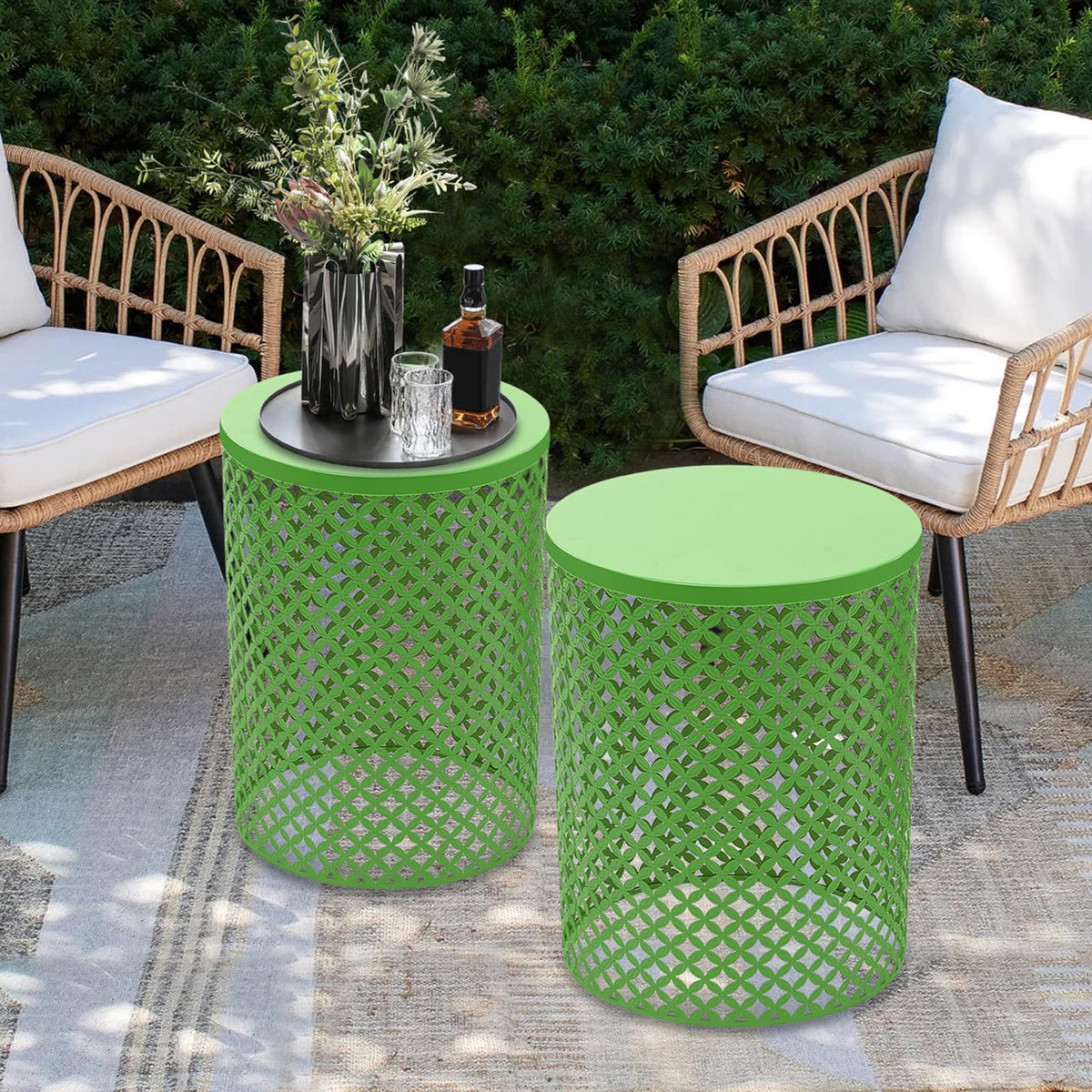 CAIHAOA Set of 2 Outdoor Side Table, Heavy Duty Metal Frame Accent Table, Decorative Garden Stool, Wood Circle Embossed Design, Plant Stand Living Room Garden Stool, Indoor Outdoor Using, Green