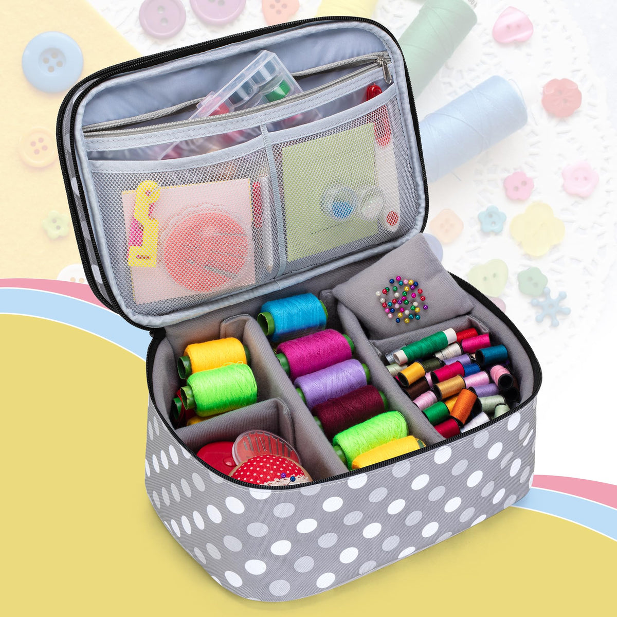Luxja Double-Layer Sewing Accessories Organizer, Sewing Supplies Organizer for Needles, Thread, Scissors, Measuring Tape and Other Sewing Tools, Large/Polka Dots