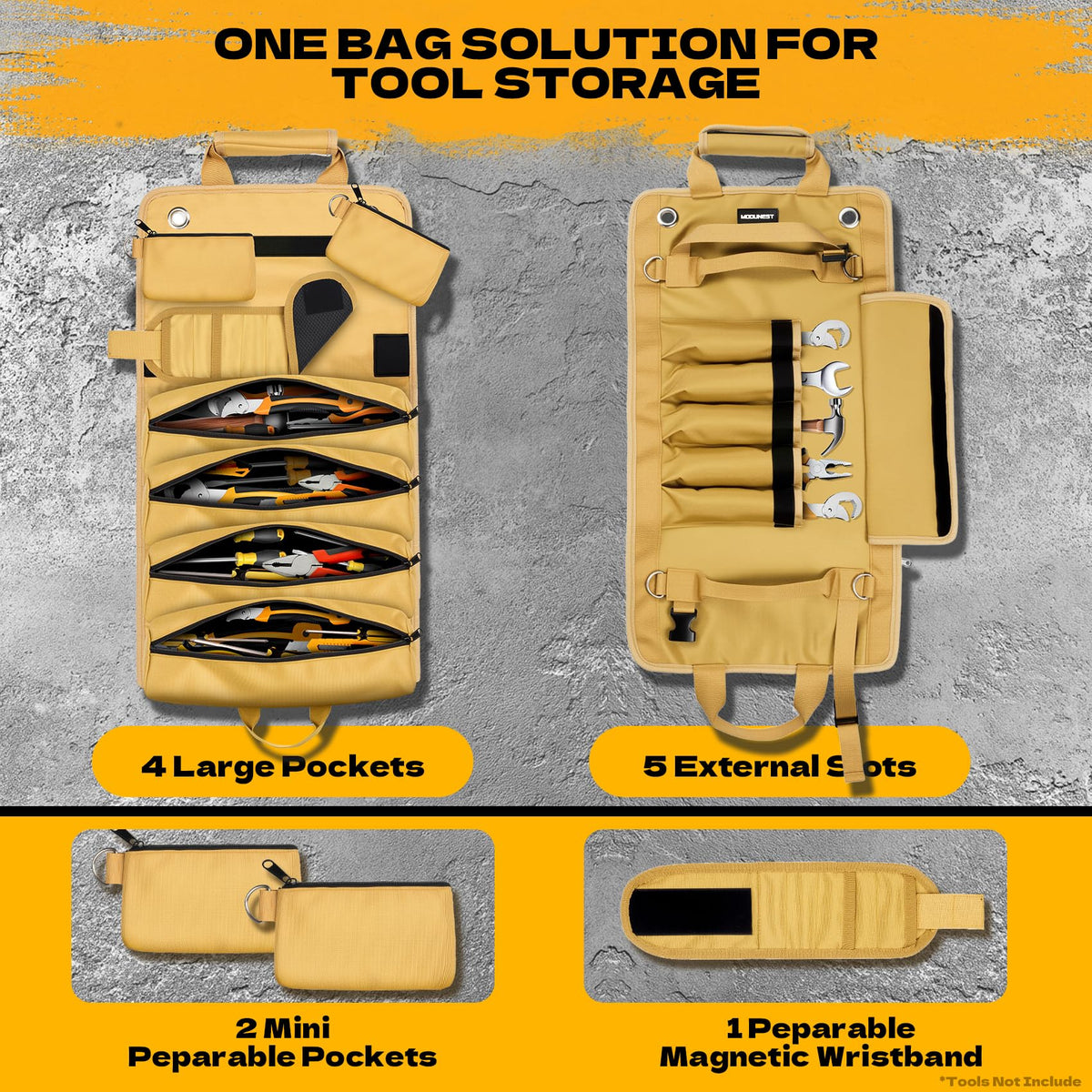 Tool Bag Roll Up Large Heavy Duty, Waterproof Oxford Fabric Tool Storage Organizer with Shoulder Strap Detachable Magnetic Wristband, Foldable Carrying Toolbag for Car Mechanic And Electrician(Khaki)
