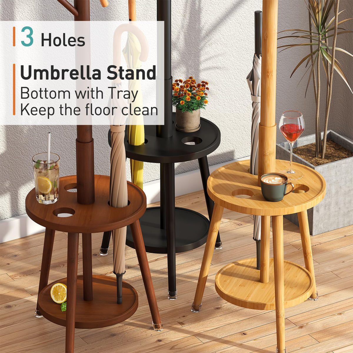 Coat Rack, Bamboo Wood Coat Freestanding with Umbrella Holder, Adjustable Height Coat Stand with 8 Hooks, kids coat rack, Used In The Bedroom Living Room, Office To Hang Clothes, Hats, Bags (Natural)