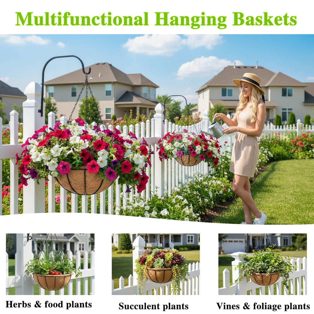 EIMQUVW Metal Hanging Planters Basket Set of 3 Hanging Flower Pots 12 Inch Chain Round Wire Plant Holder with Coco Coir Liner Garden Watering Hanging Baskets for Patio Garden Outdoor1