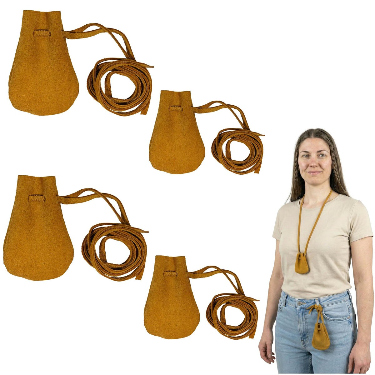 Mythrojan Small Trinket Pouches Pack of 4, Suede Leather Drawstring Coin & Dice Bags for LARP, SCA, Viking & Medieval Events Color : Yellow