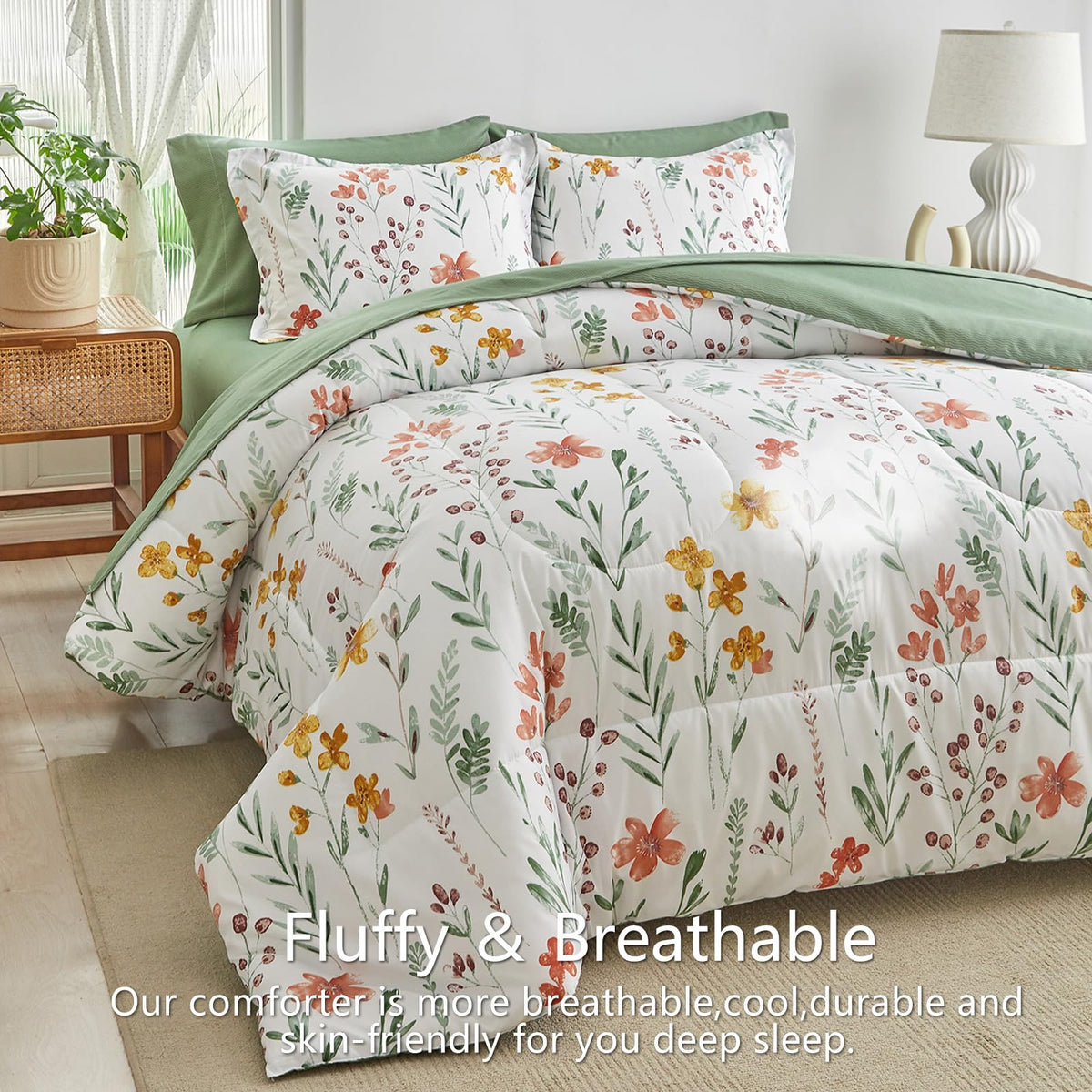 AIKASY Bed in a Bag 7 Pieces Queen Size - Floral Print - Soft Microfiber, Reversible Bed Comforter Set (1 Comforter, 2 Pillow Shams, 1 Flat Sheet, 1 Fitted Sheet, 2 Pillowcases)（White,Queen）