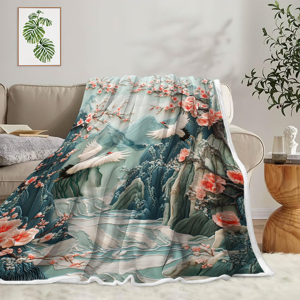 DYNH Asian Nature Landscape Crane Throw Blanket,Cherry Blossom Mountain Floral Bird Blanket for Adult Women Girls Teens, Asian Anime Plush Cozy Fuzzy Travel Blankets for Couch Bed,Multi1,50X60