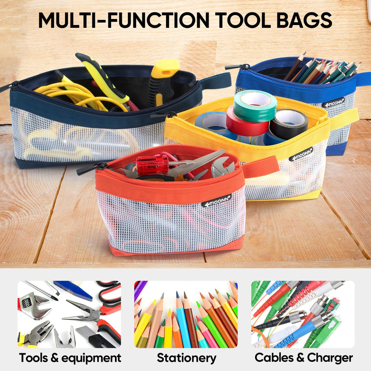 TICONN Tool Pouch, 1680D Oxford Small Tool Bag, Tool Pouches with Zipper, Clear Utility Bag Zipper Pouch for Tool Organizers and Storage (6PK Combo)