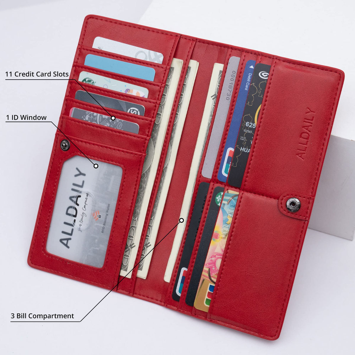 Alldaily Ultra Slim Thin Women Wallet RFID Blocking Credit Card Holder Bifold Long Ladies Billfold (Red)